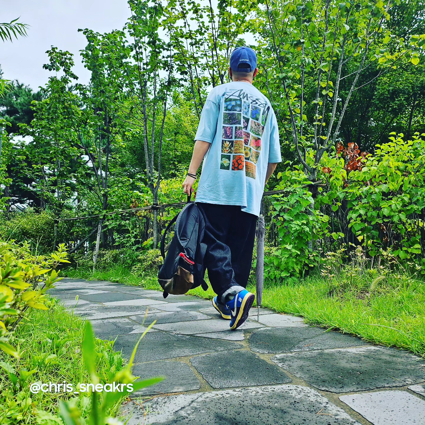 Supreme Pigment Canvas S Logo 6-Panel Navy - 23SS, Stussy Flower Grid Pigment Dyed T-Shirt Sky Blue 착용 스타일 - 2
