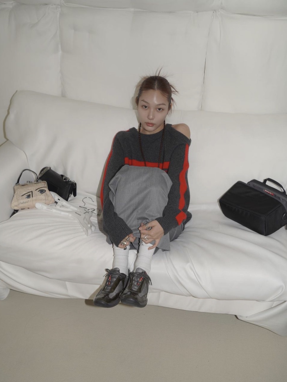 Prada America's Cup Soft Rubber Bike Fabric Sneakers Black 착용 스타일