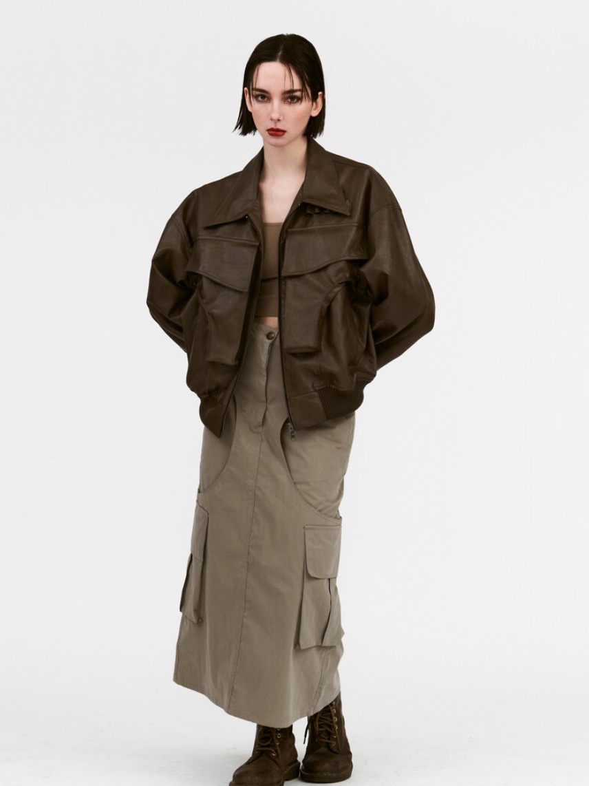 Full of Ssun Gunpocket Leather Jacket Brown, Full of Ssun Gunpocket Leather Jacket Grey 착용 스타일 - 1