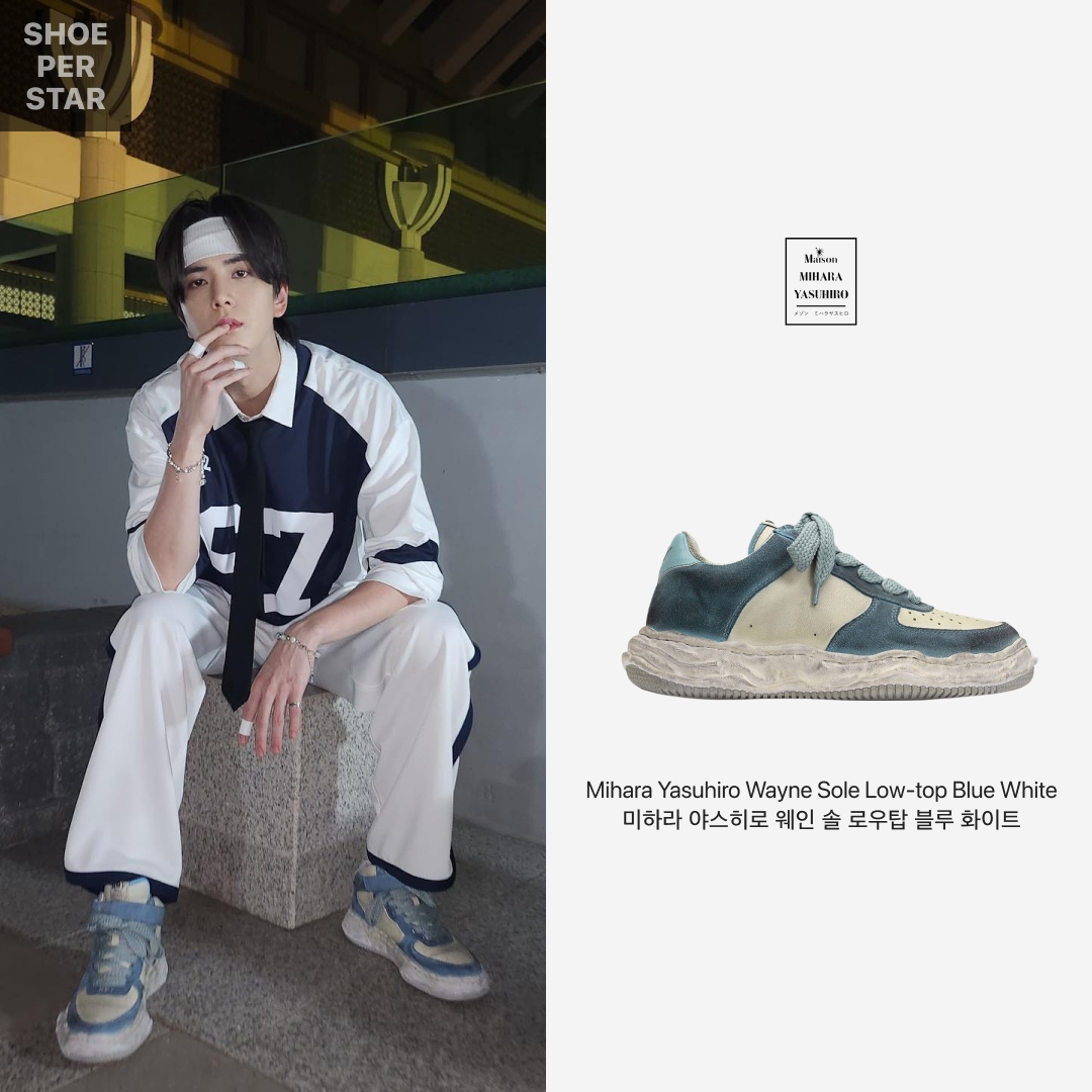 Maison Mihara Yasuhiro Wayne OG Sole Distressed Leather Low-top Sneaker Blue White 착용 스타일 - 1