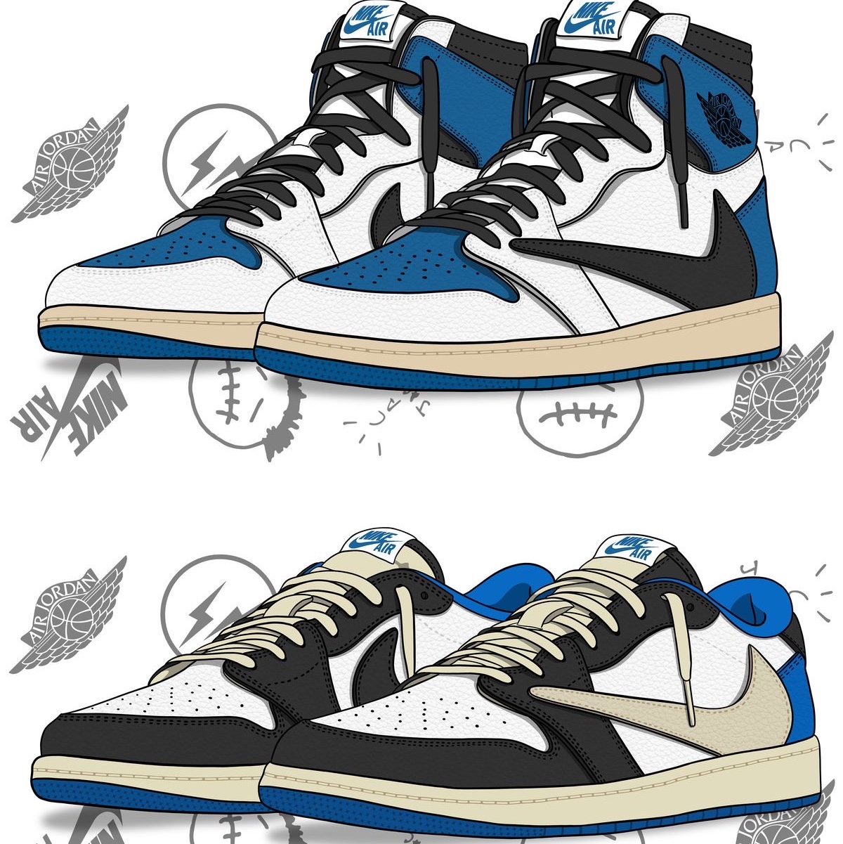 Jordan 1 x Travis Scott x Fragment Retro Low OG SP Military Blue, Jordan 1 x Travis Scott x Fragment Retro High OG SP Military Blue 착용 스타일 - 1