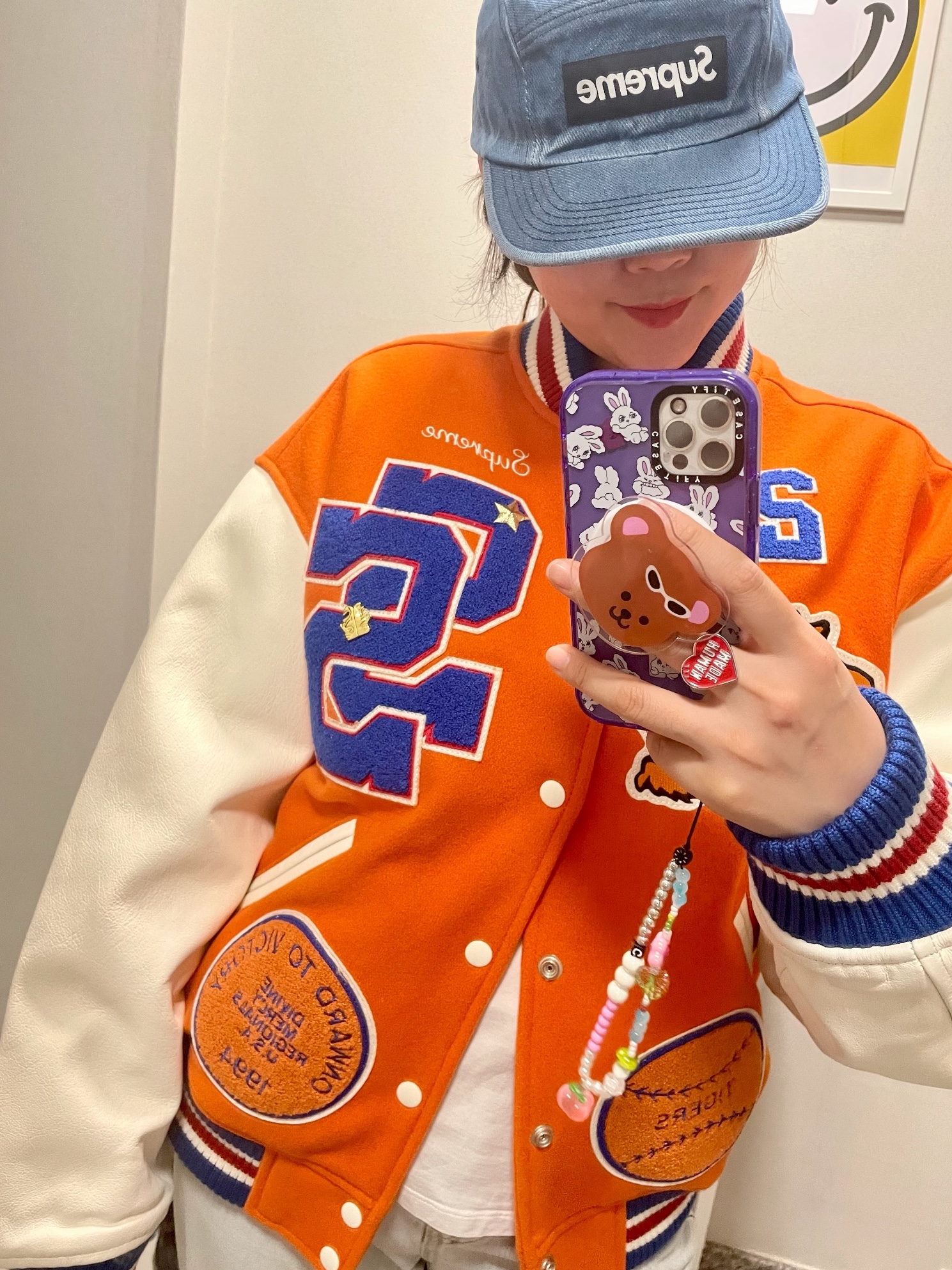Supreme Tiger Varsity Jacket Orange - 23FW, Supreme Washed Chino Twill Camp Cap Denim - 23FW 착용 스타일