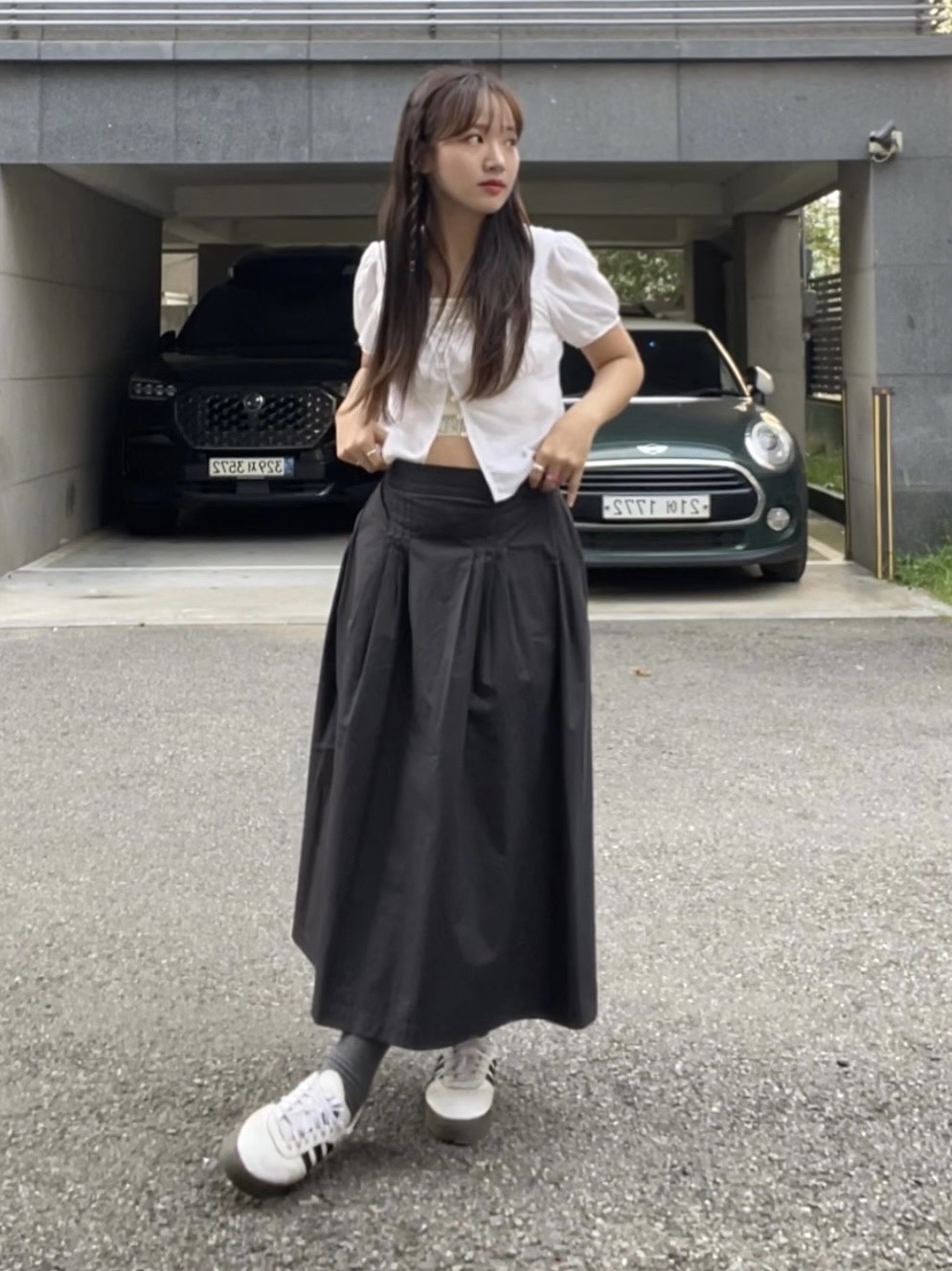 (W) Adidas Sambarose White Black Gum 착용 스타일