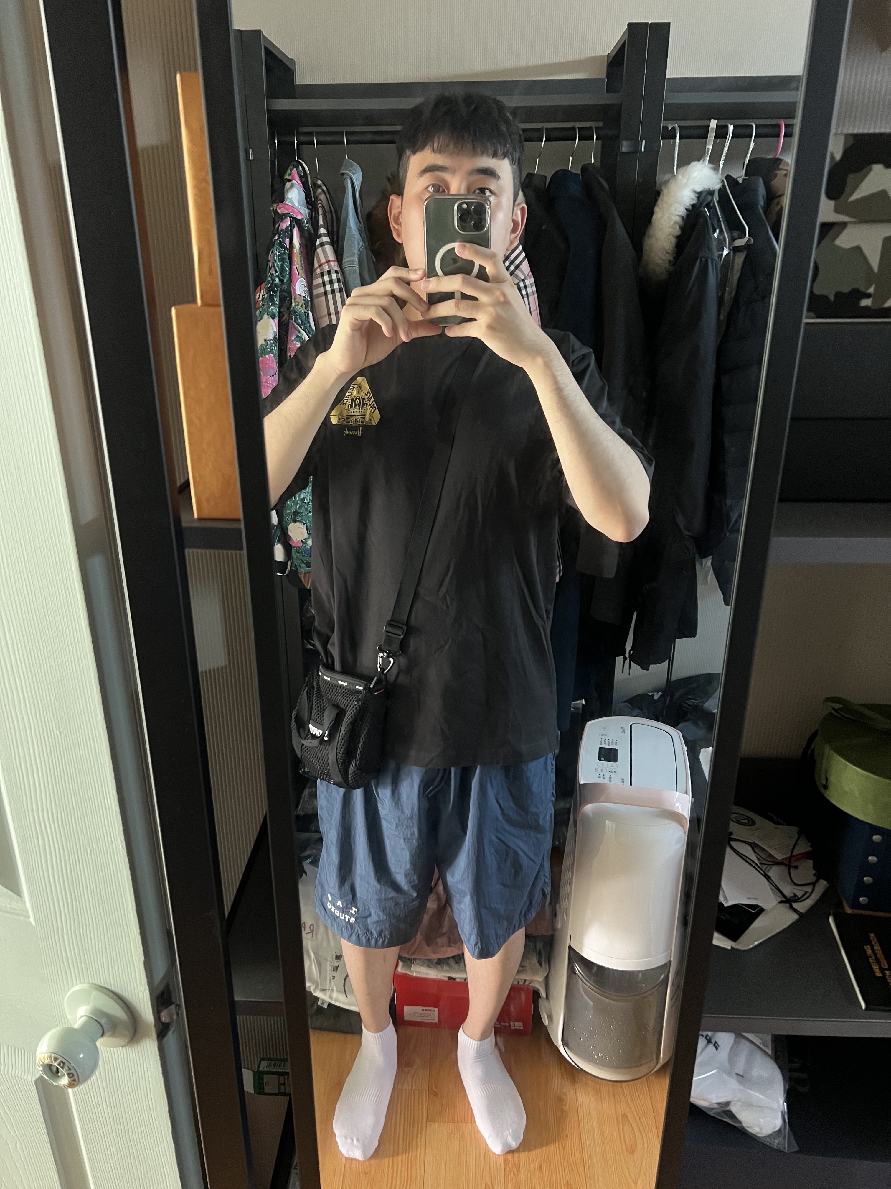 IAB Studio Woven Shorts Navy - The Hyundai Seoul Exclusive, Palace x Harrods Tri-Sphinx T-Shirt Black - 21FW 착용 스타일