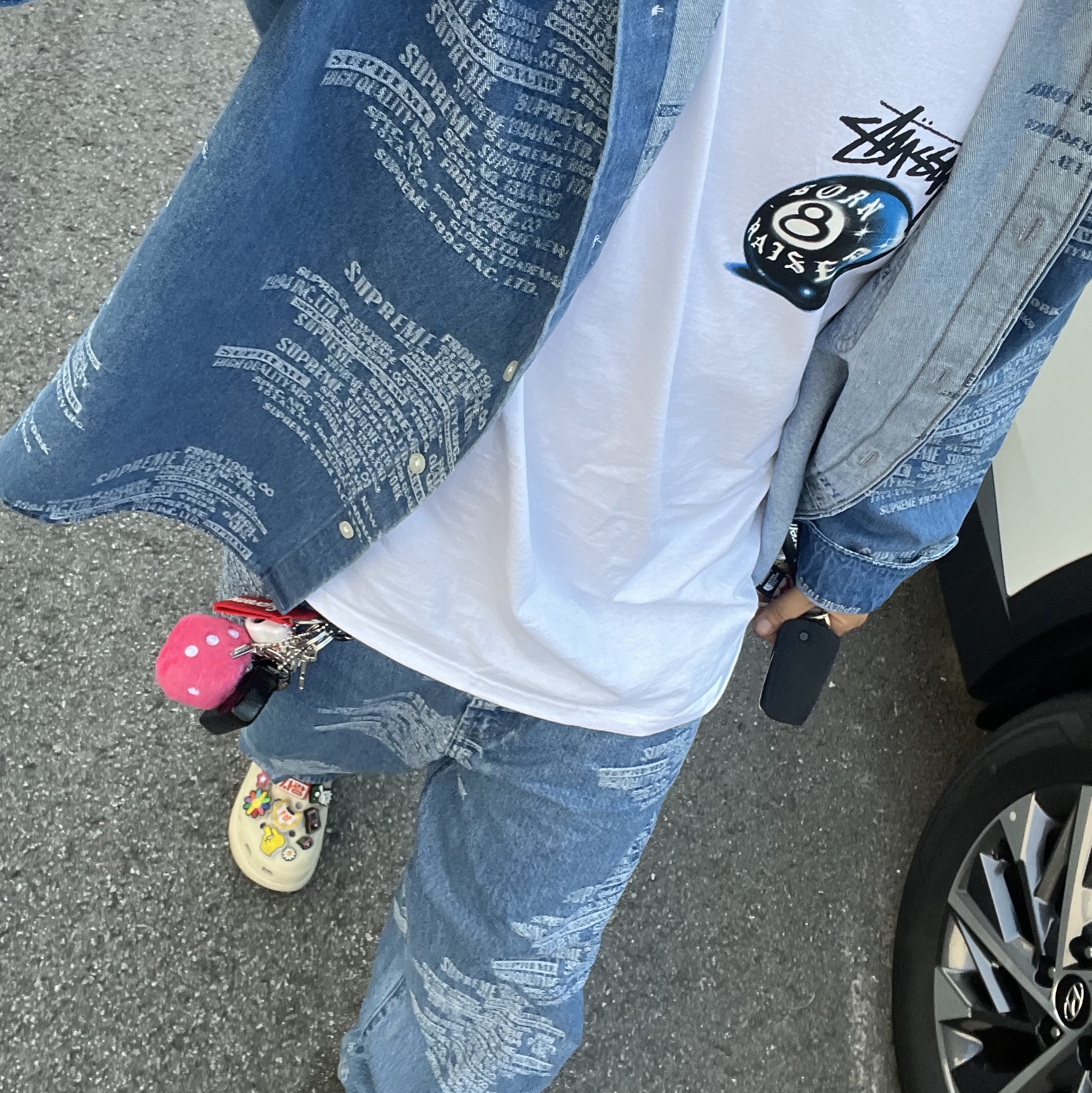 Supreme Trademark Jacquard Denim Shirt Washed Blue - 23SS, Stussy x Born X Raised 8 Ball T-Shirt White 착용 스타일