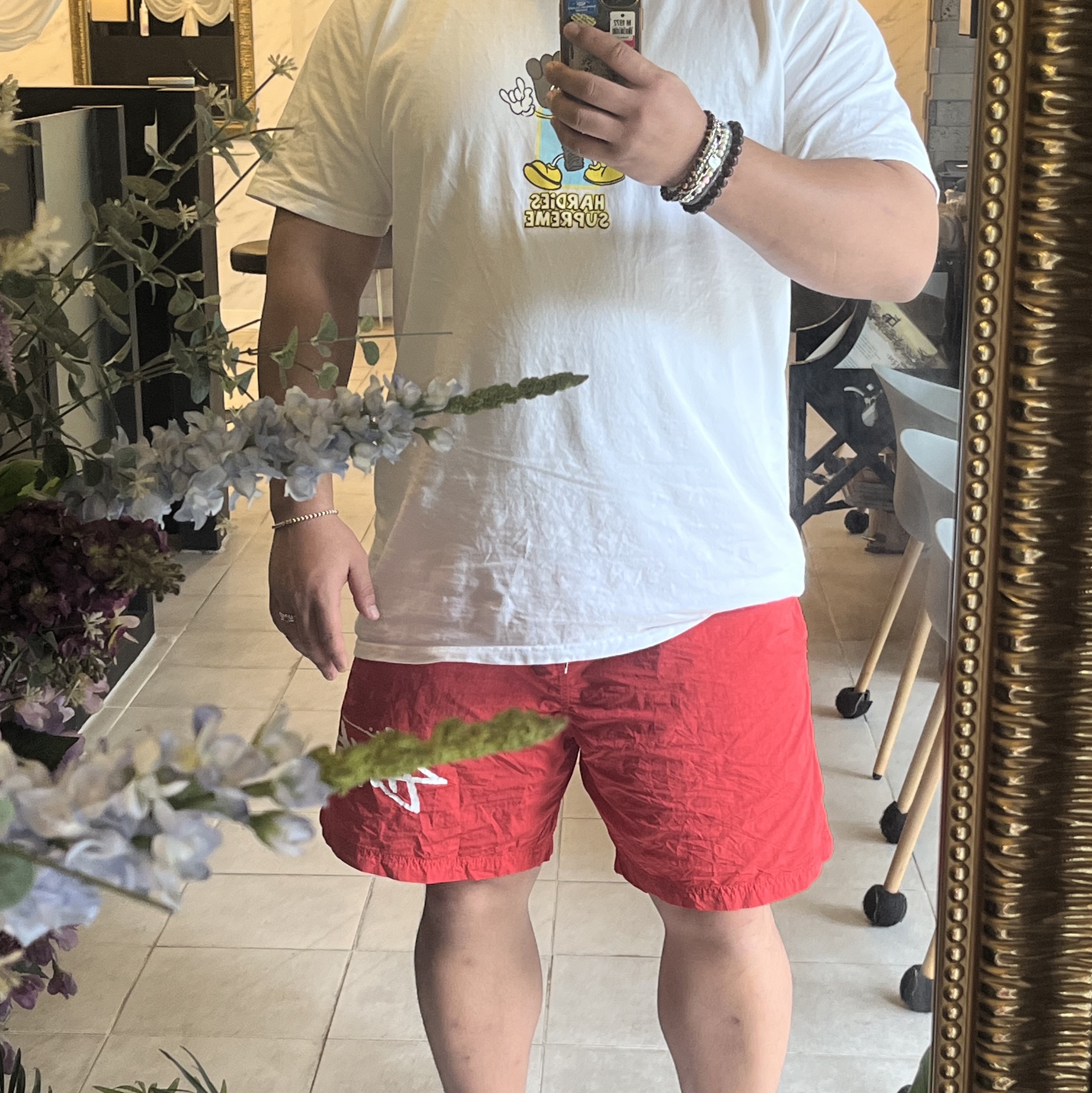Nike x Stussy Water Shorts Habanero Red, Supreme x Hardies Bolt T-Shirt White - 23SS 착용 스타일