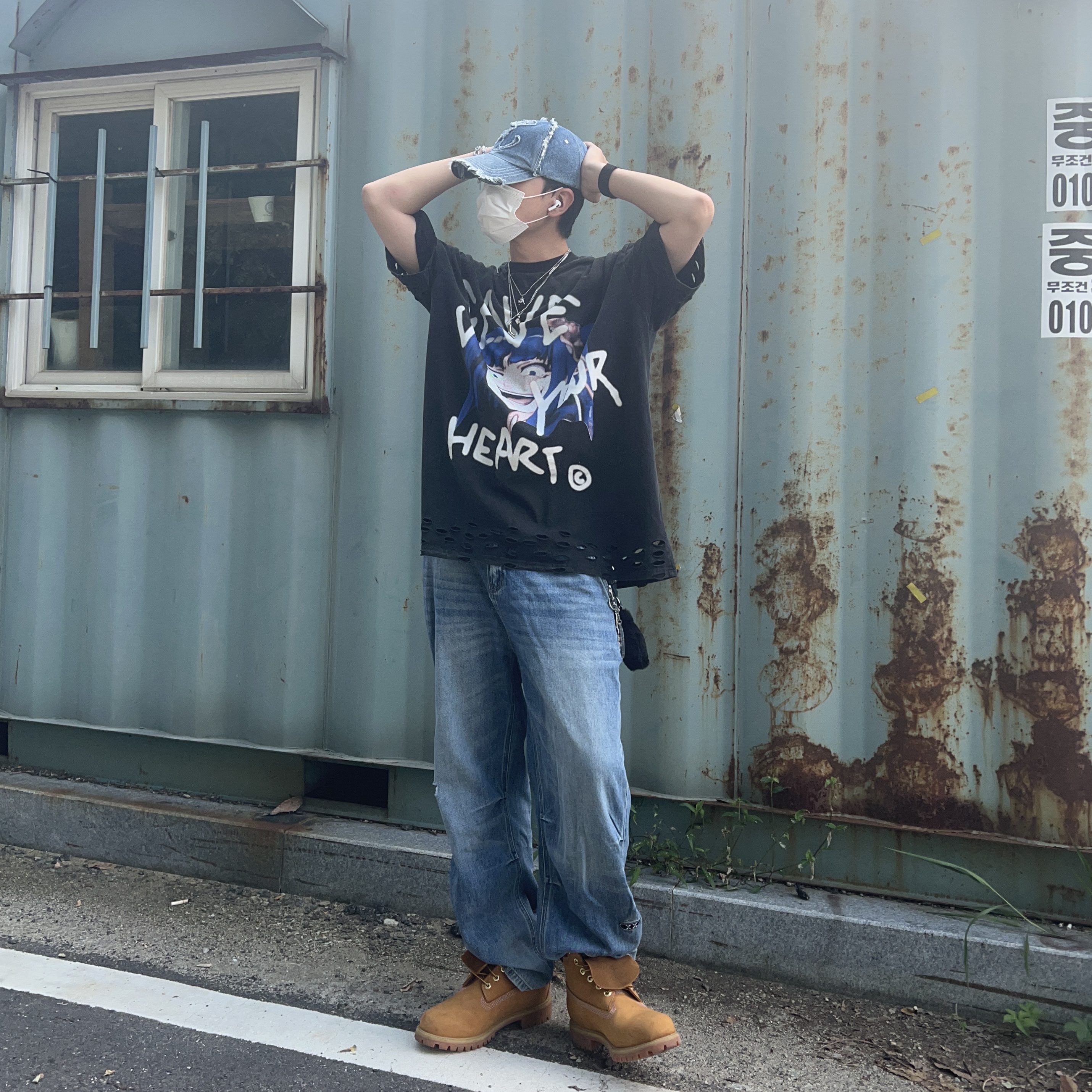 [KREAM 단독] Etce Damaged Denim Cap Blue 착용 스타일