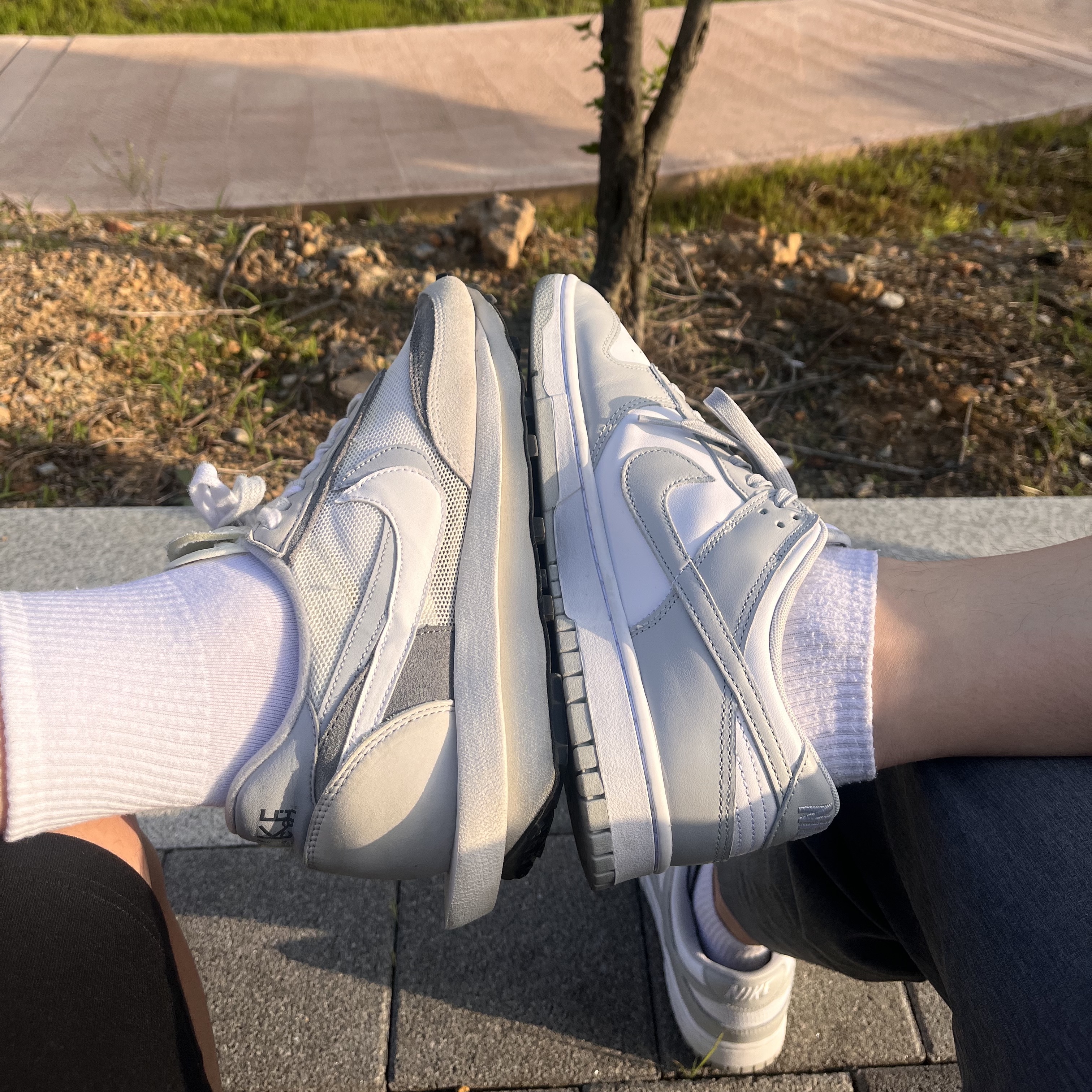 Nike x Sacai LDWaffle Summit White, Nike Dunk Low Retro Grey Fog 착용 스타일