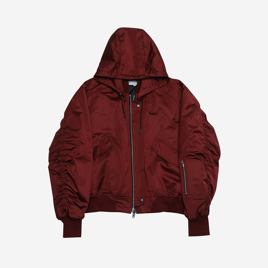 Haleine Satin 3D Detachable Finger Hole Hooded Bomber Burgundy 상세 이미지 1