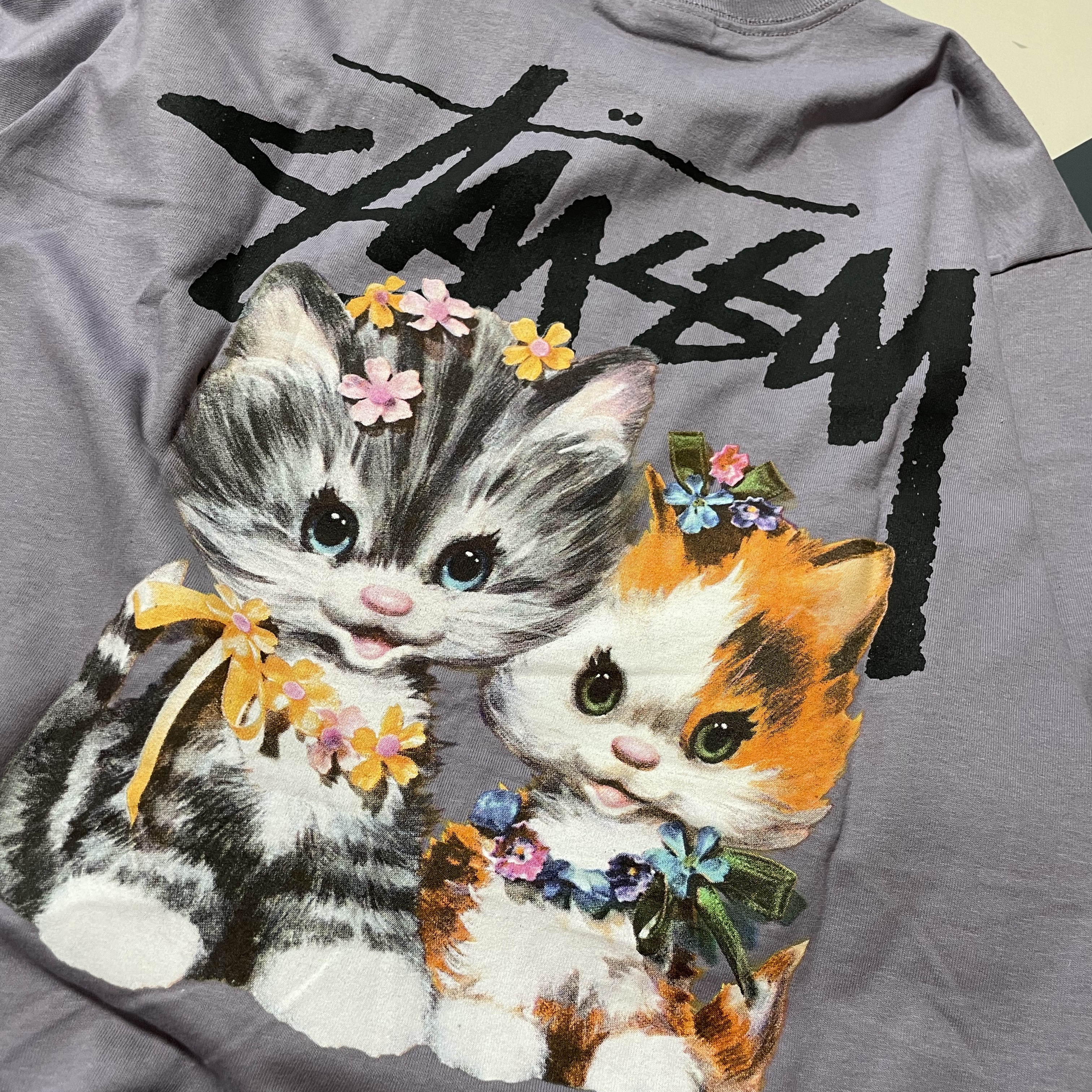Stussy Kittens T-Shirt Mauve 착용 스타일 - 1