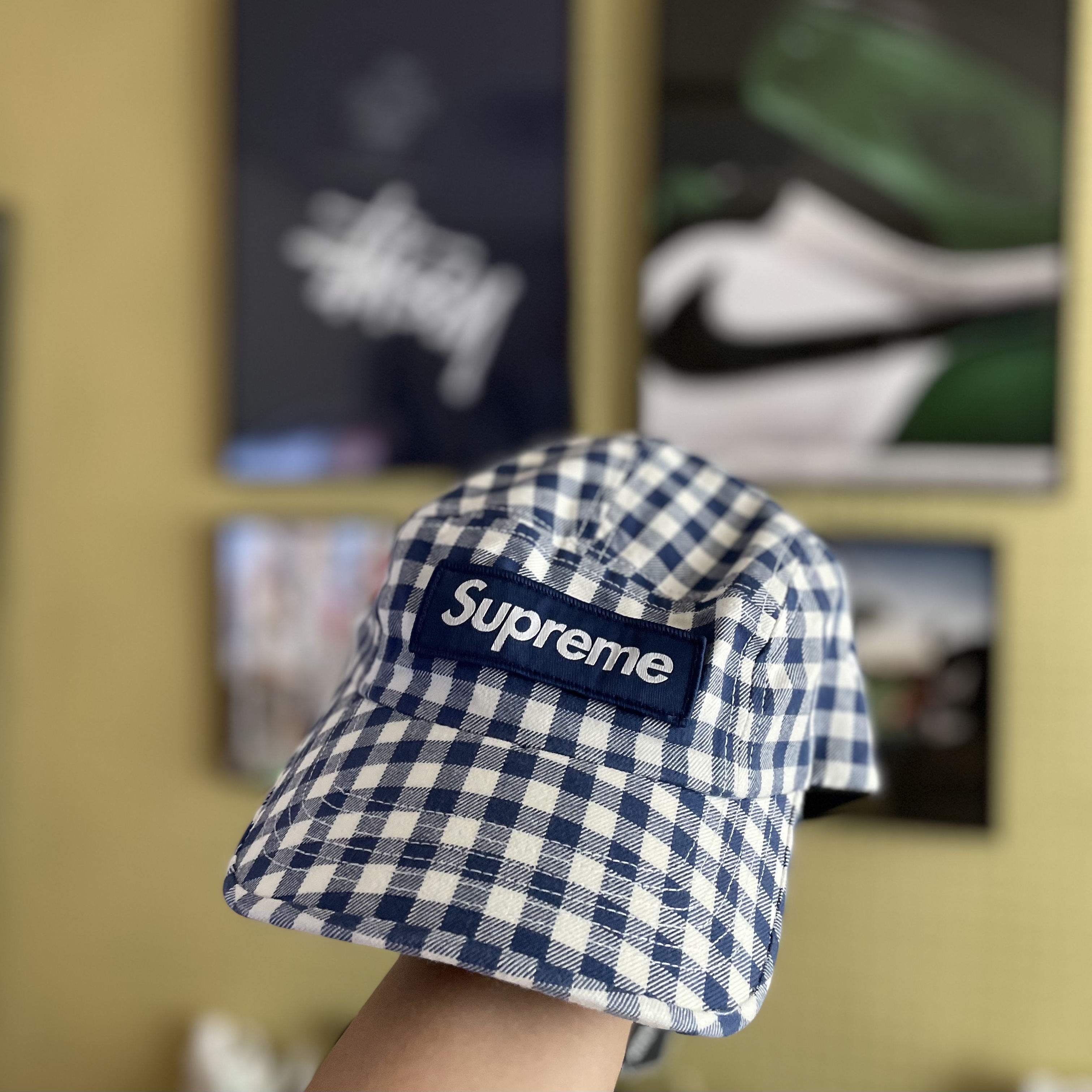 Supreme Gingham Camp Cap Navy - 23SS 착용 스타일