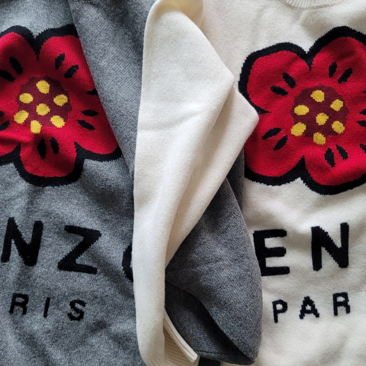 Kenzo Boke Flower Merino Wool Jumper Off White, Kenzo Boke Flower Merino Wool Jumper Misty Grey 착용 스타일