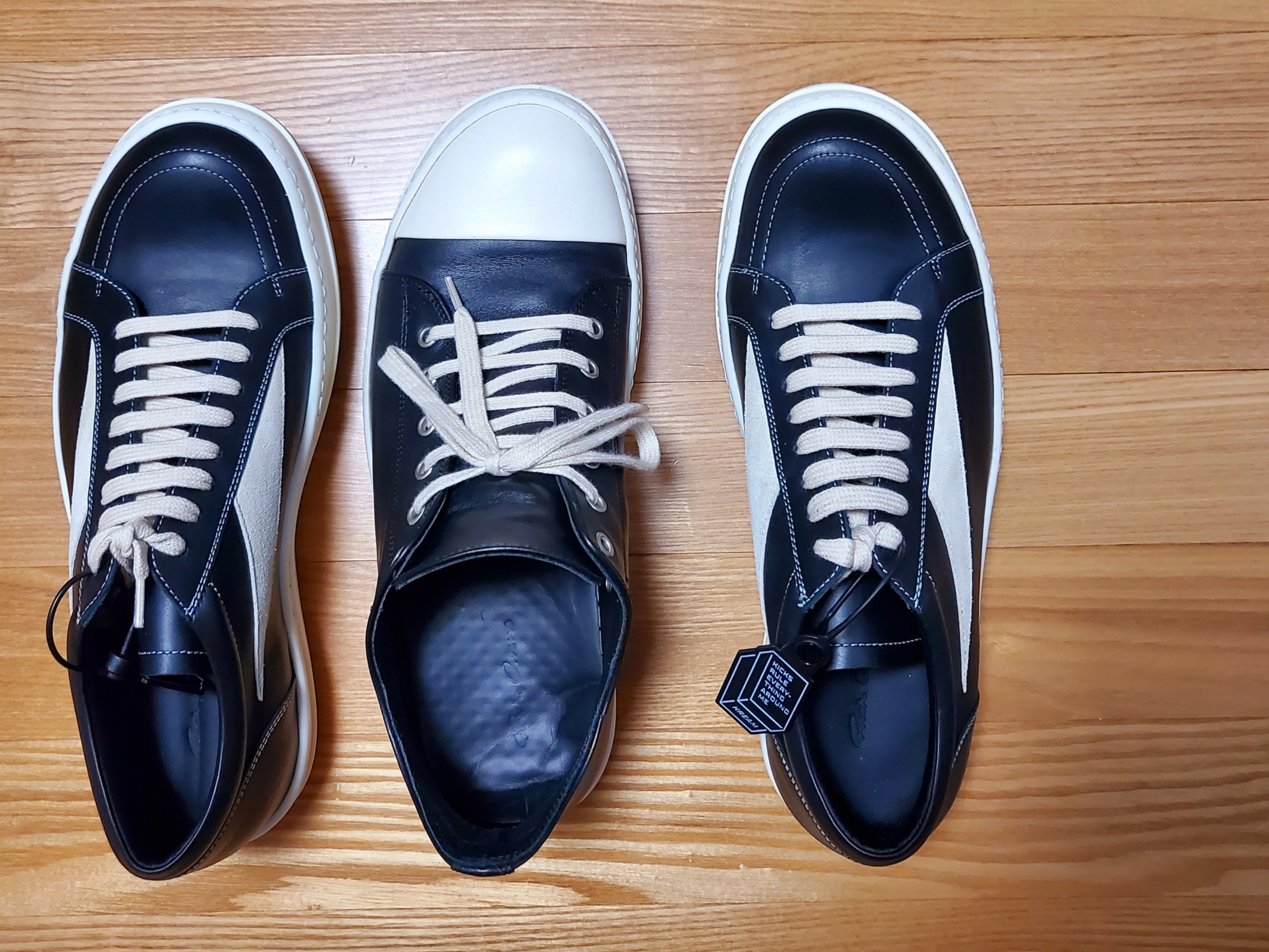 Rick Owens Luxor Vintage Sneakers Black Milk, Rick Owens Full Grain Calf Leather Strobe Low Sneakers Black Milk White 착용 스타일 - 5