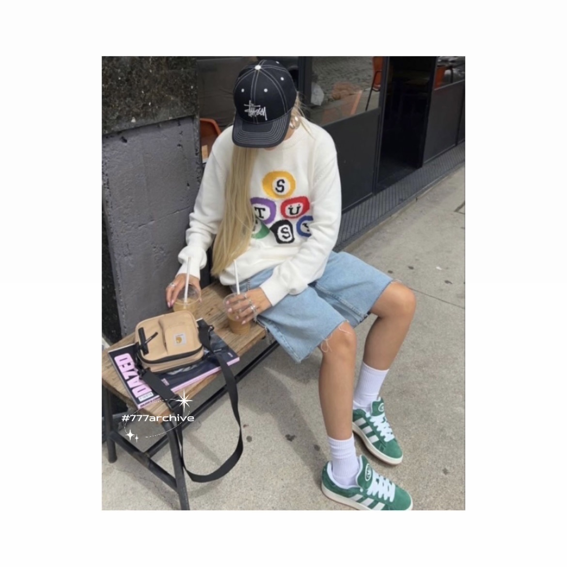 Adidas Campus 00s Dark Green, Stussy Billiard Sweater Natural 착용 스타일 - 2