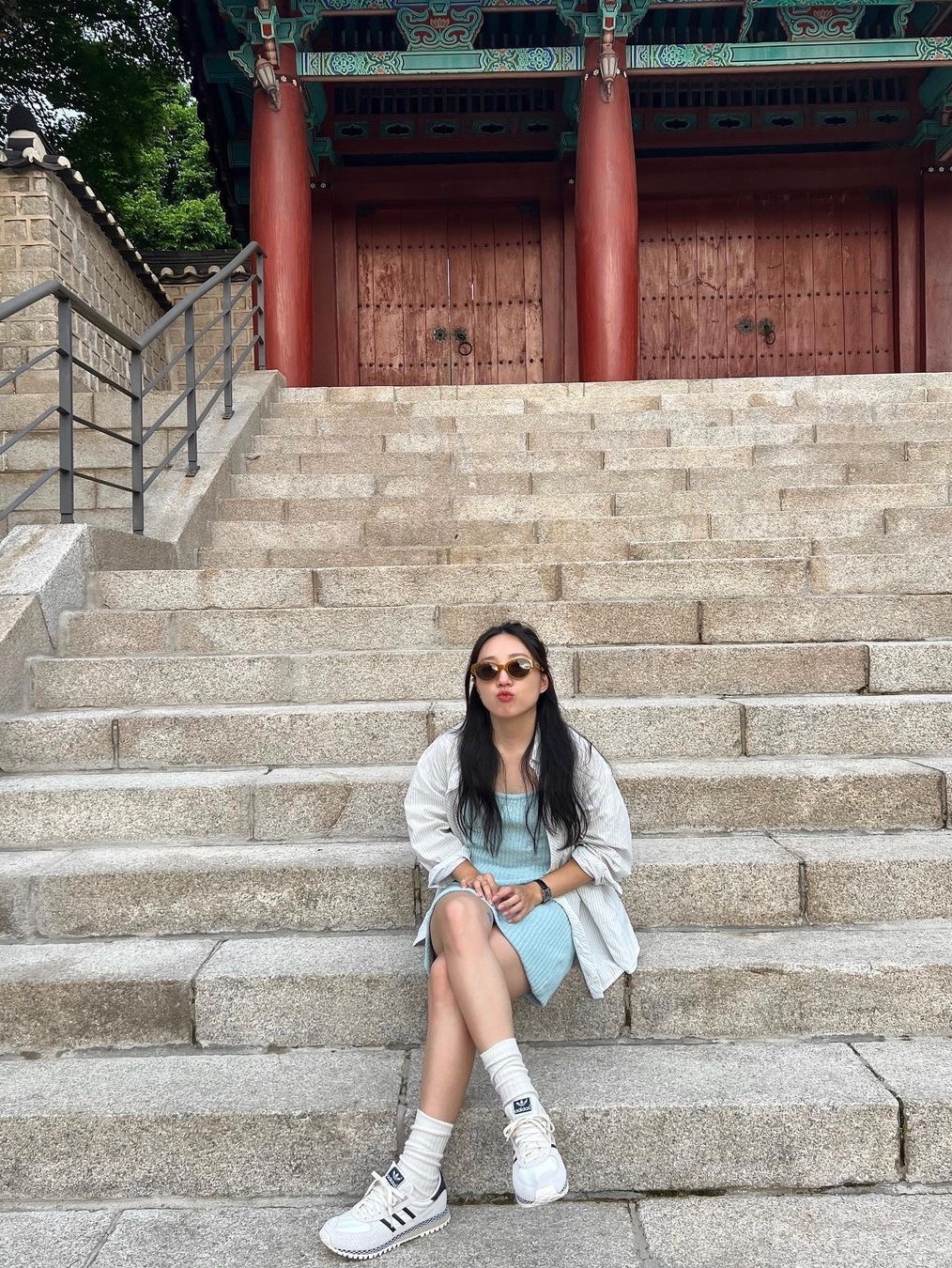 Porta Women Boucle Knit Dress Sky Blue 착용 스타일 - 1