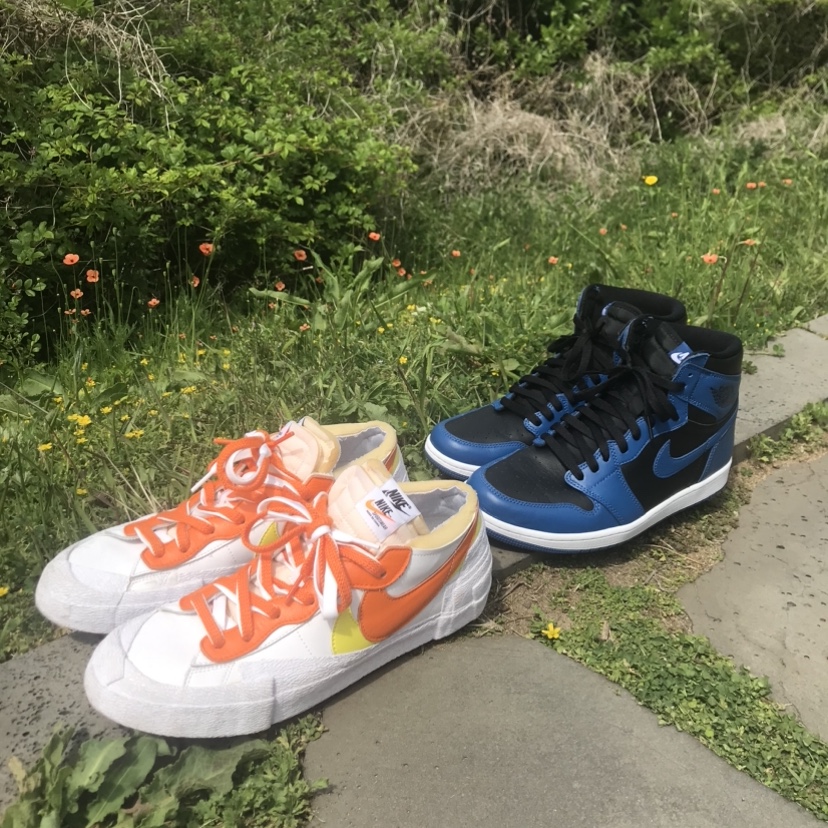 Jordan 1 Retro High OG Dark Marina Blue, Nike x Sacai Blazer Low Magma Orange 착용 스타일