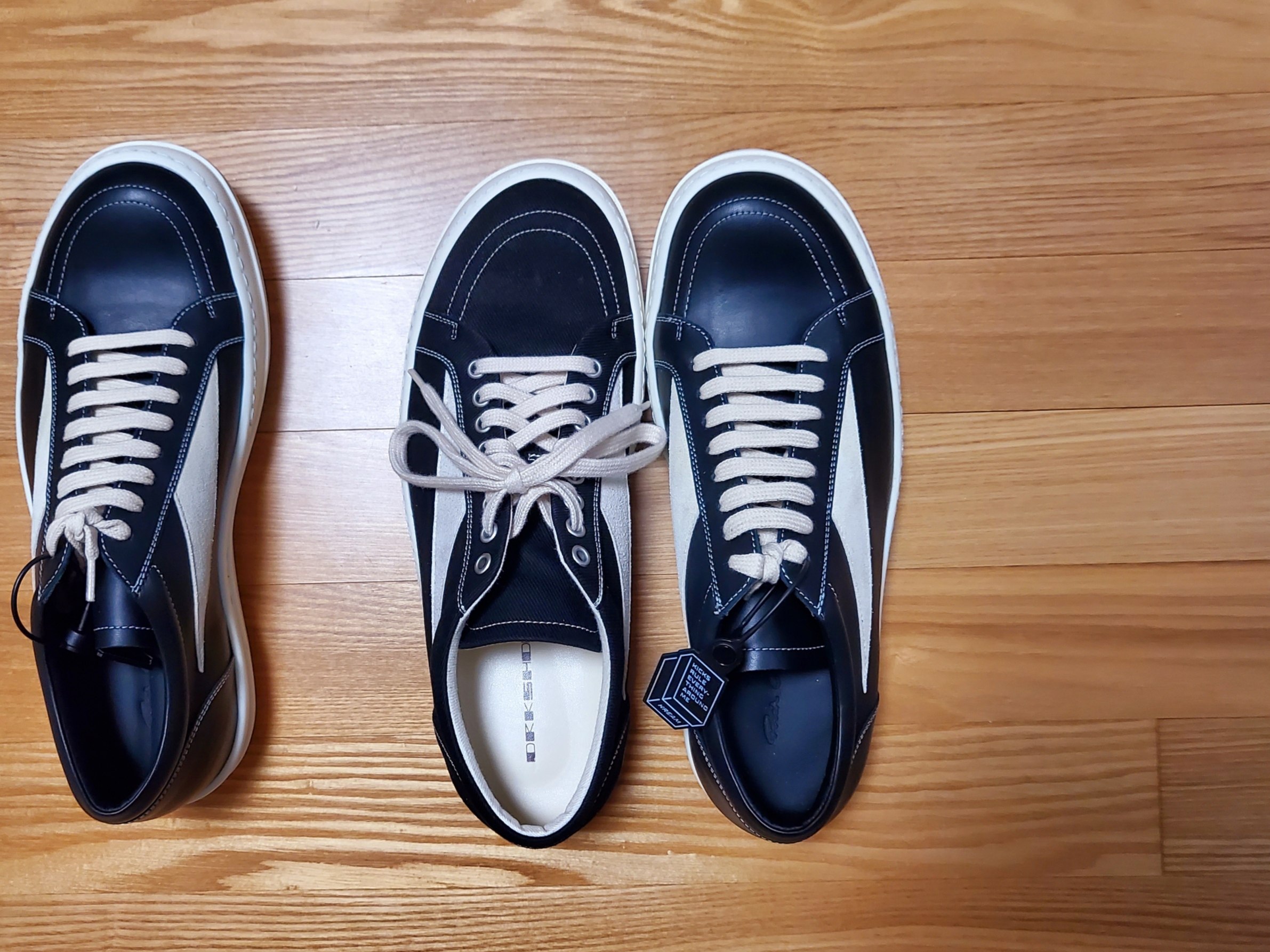 Rick Owens Luxor Vintage Sneakers Black Milk, Rick Owens Full Grain Calf Leather Strobe Low Sneakers Black Milk White 착용 스타일 - 4