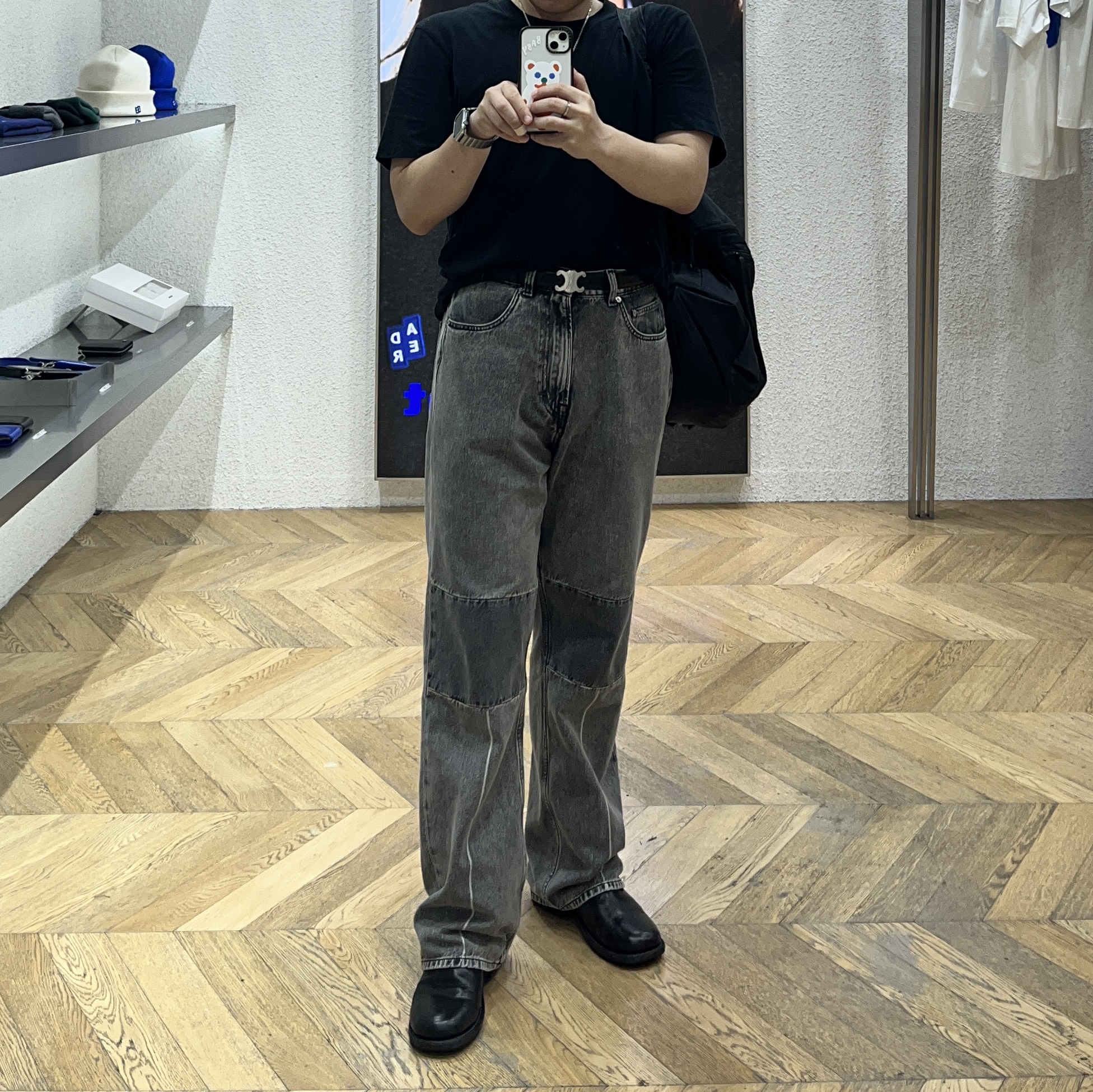 Our Legacy Extended Third Cut Black Grey, (W) Celine Medium Triomphe Belt in Taurillon Leather Black 착용 스타일