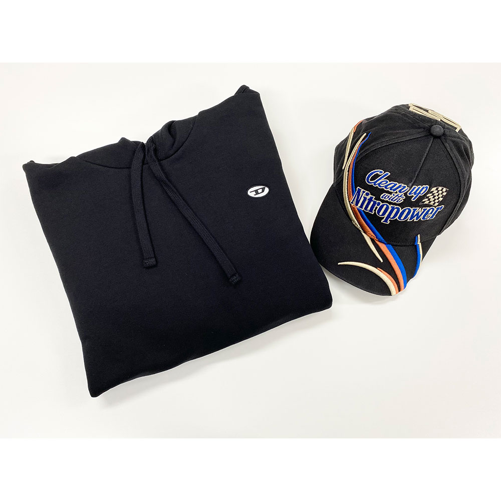 Diesel S-Rob-Hood-Doval-PJ Hoodie with Logo Patch Blue, Diesel Baseball Cap with Racing Embroidery Black 착용 스타일 - 1