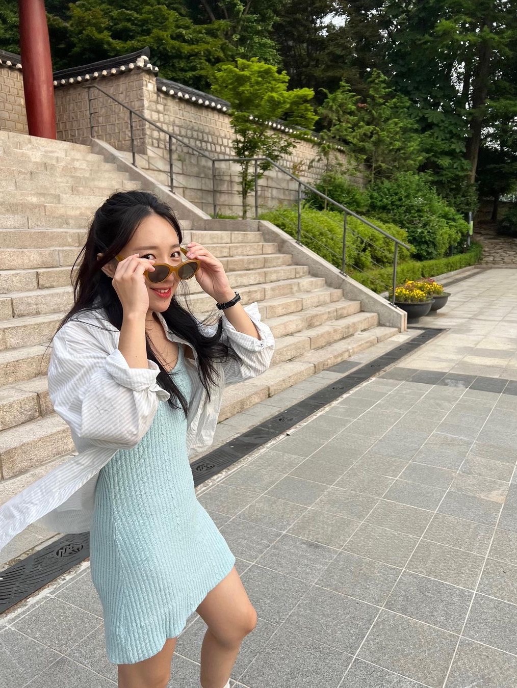 Porta Women Boucle Knit Dress Sky Blue 착용 스타일 - 2