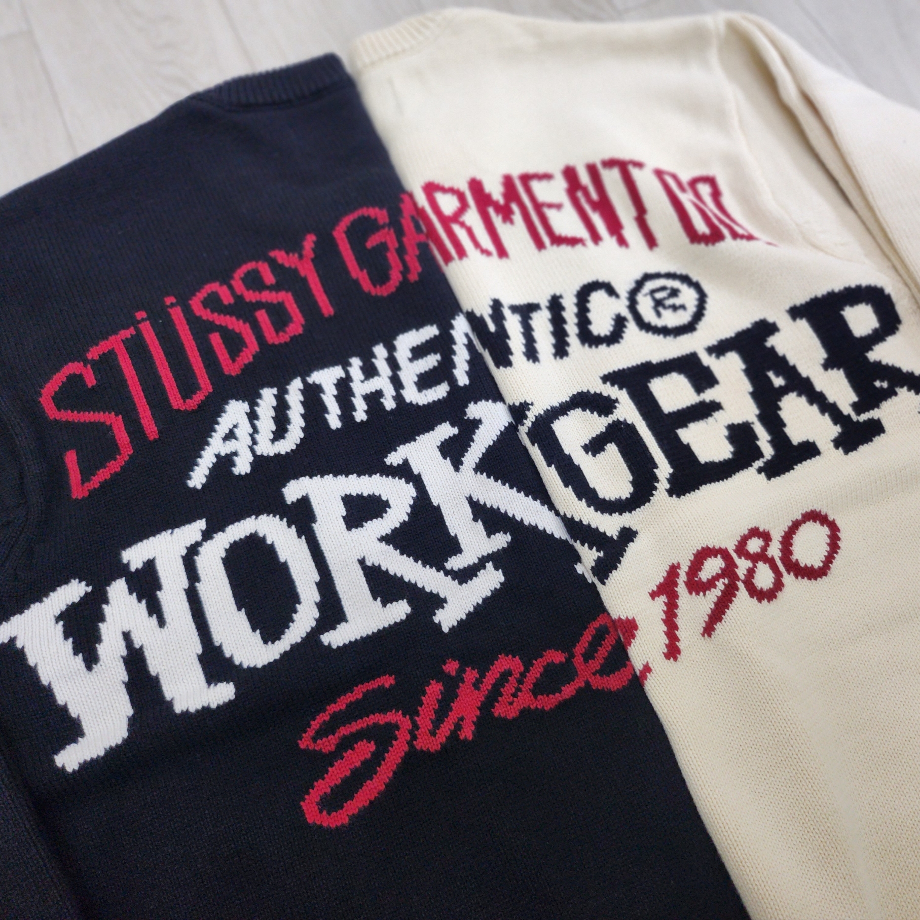 Stussy Authentic Workgear Sweater Natural, Stussy Authentic Workgear Sweater Black 착용 스타일 - 2