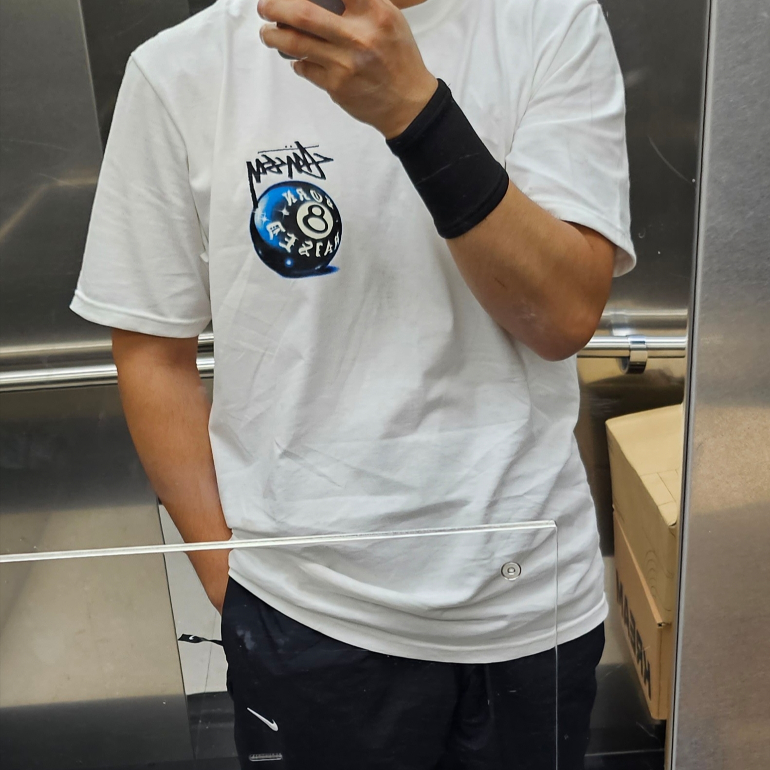 Stussy x Born X Raised 8 Ball T-Shirt White, Nike NRG Solo Swoosh Woven Track Pants Black White - Asia 착용 스타일 - 2