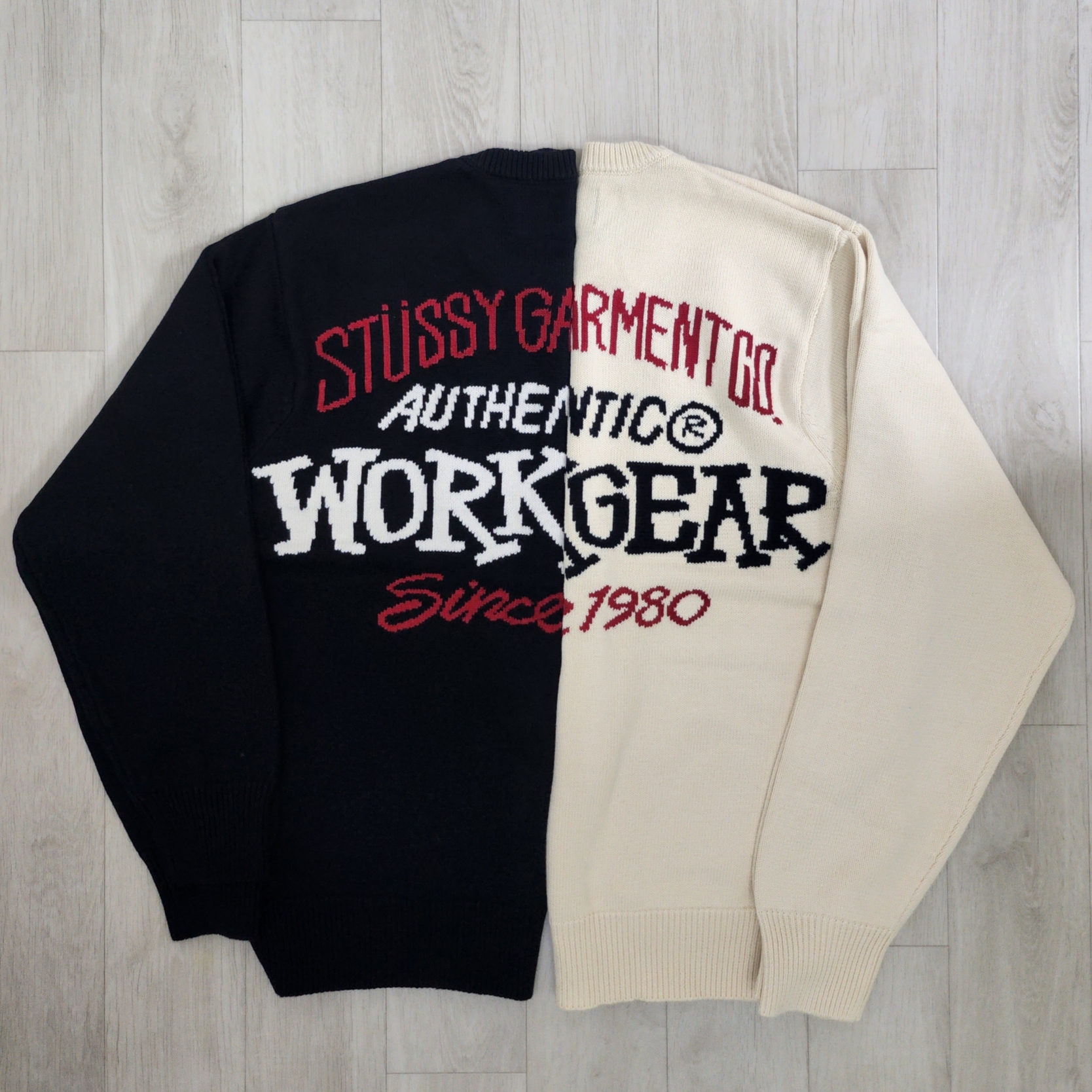 Stussy Authentic Workgear Sweater Natural, Stussy Authentic Workgear Sweater Black 착용 스타일 - 1