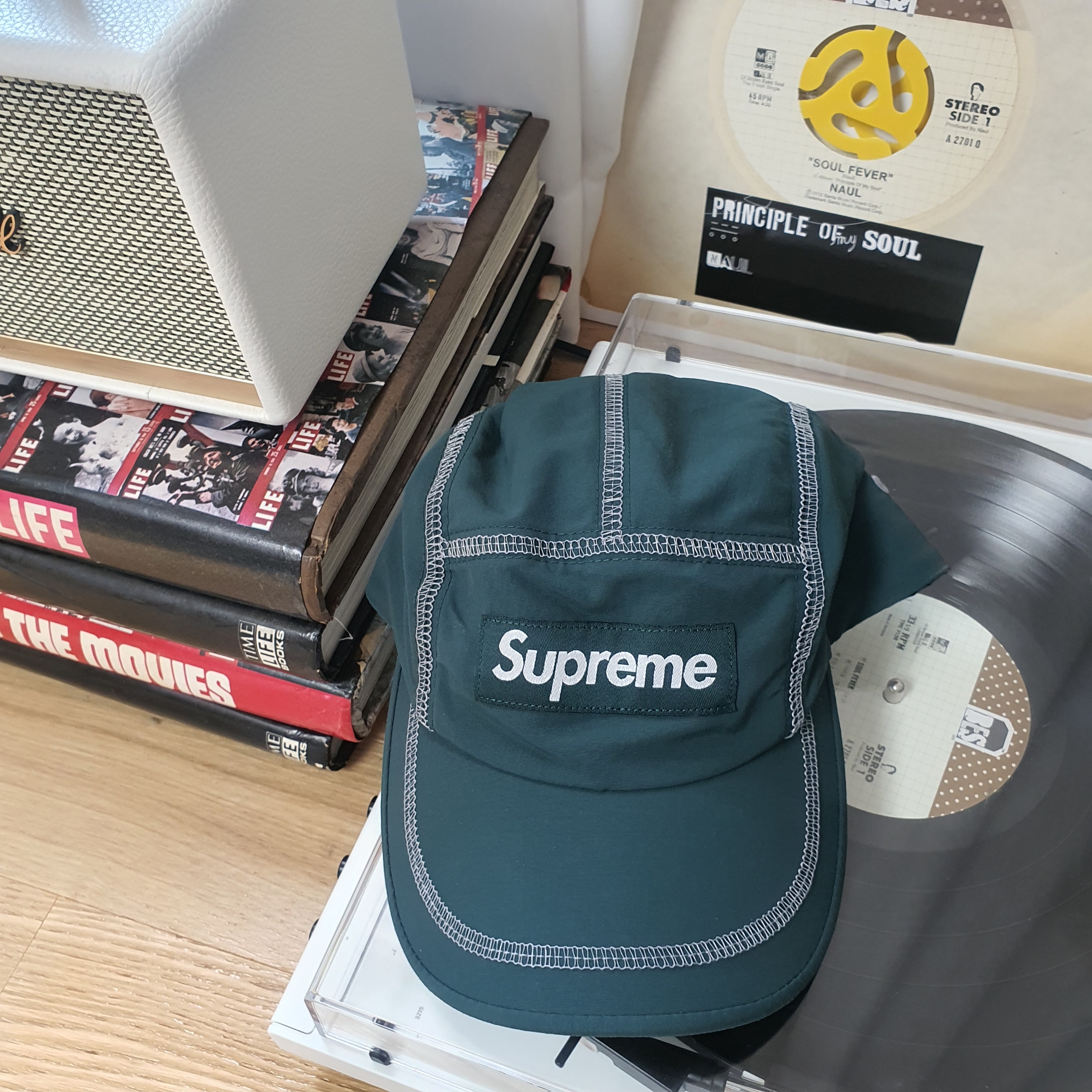 Supreme Reflective Stitch Camp Cap Dark Green - 23SS 착용 스타일