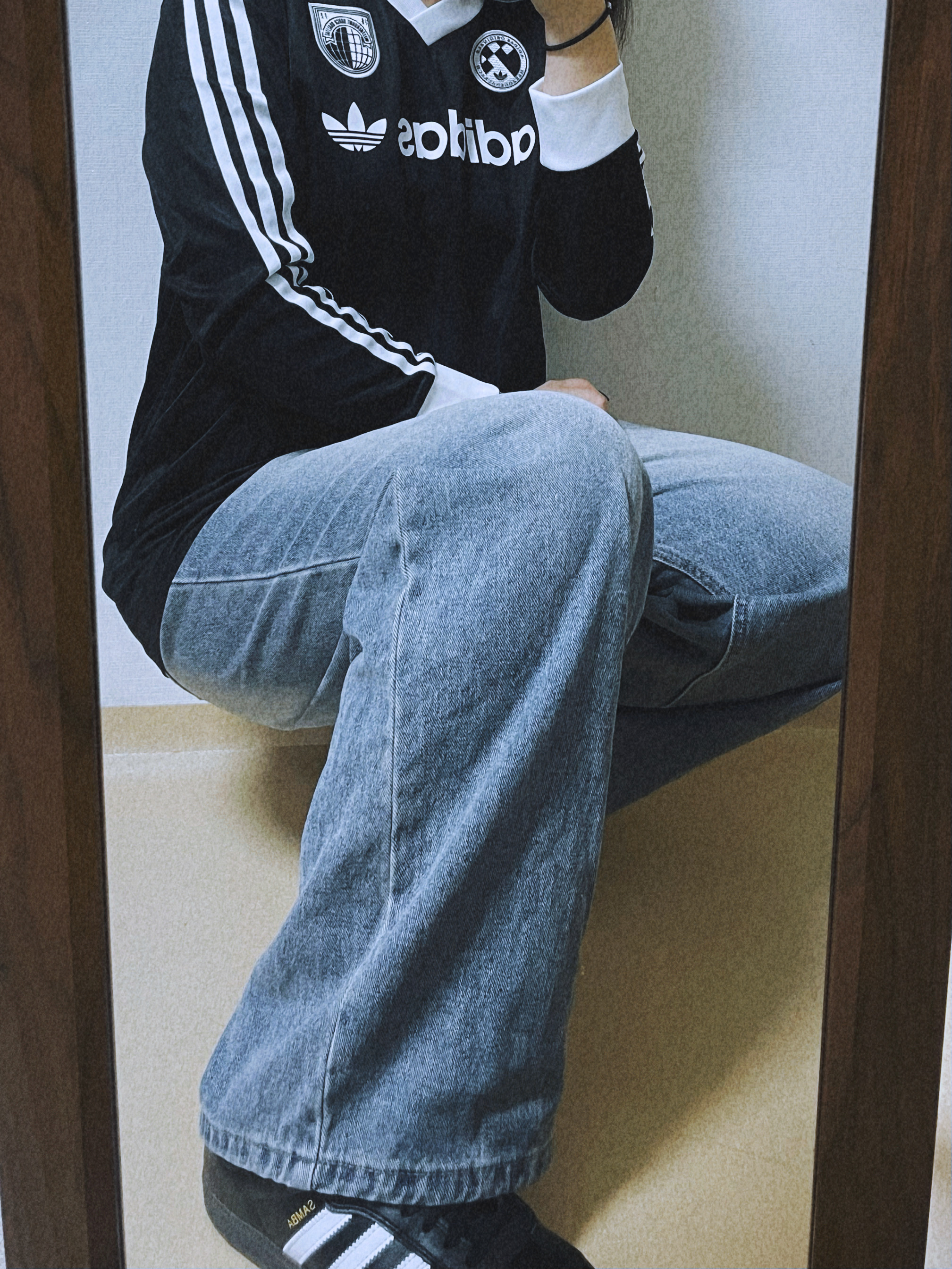 (W) Adidas Football Long Sleeve T-Shirt Black - KR Sizing, Adidas Samba ADV Black 착용 스타일 - 3