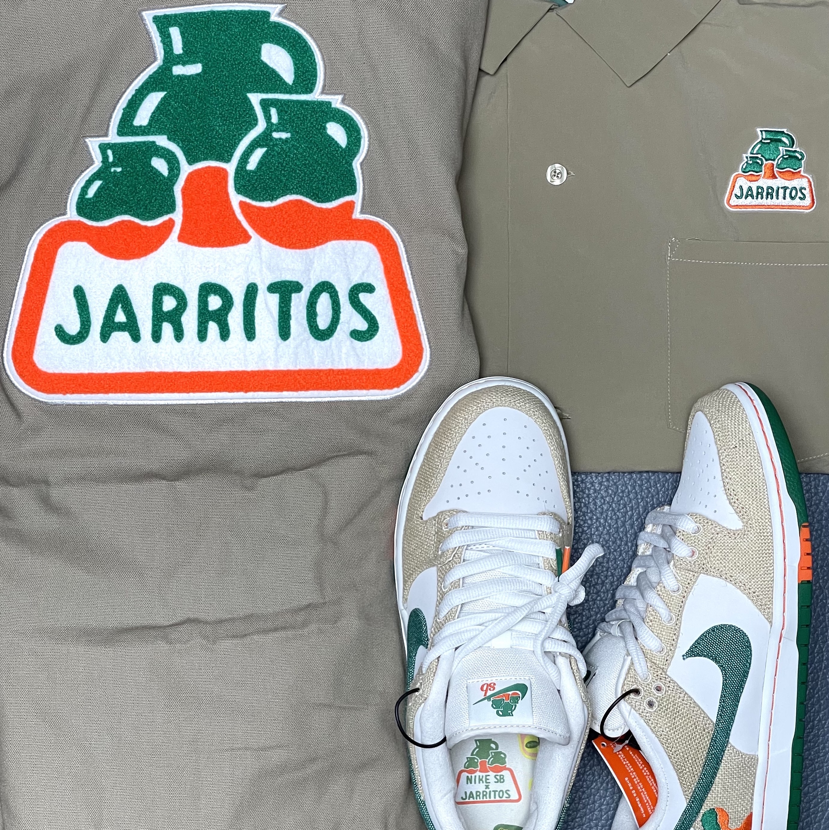 Nike x Jarritos SB Padded Skate Jacket Khaki - Asia, Nike x Jarritos SB Dunk Low Phantom and Malachite 착용 스타일