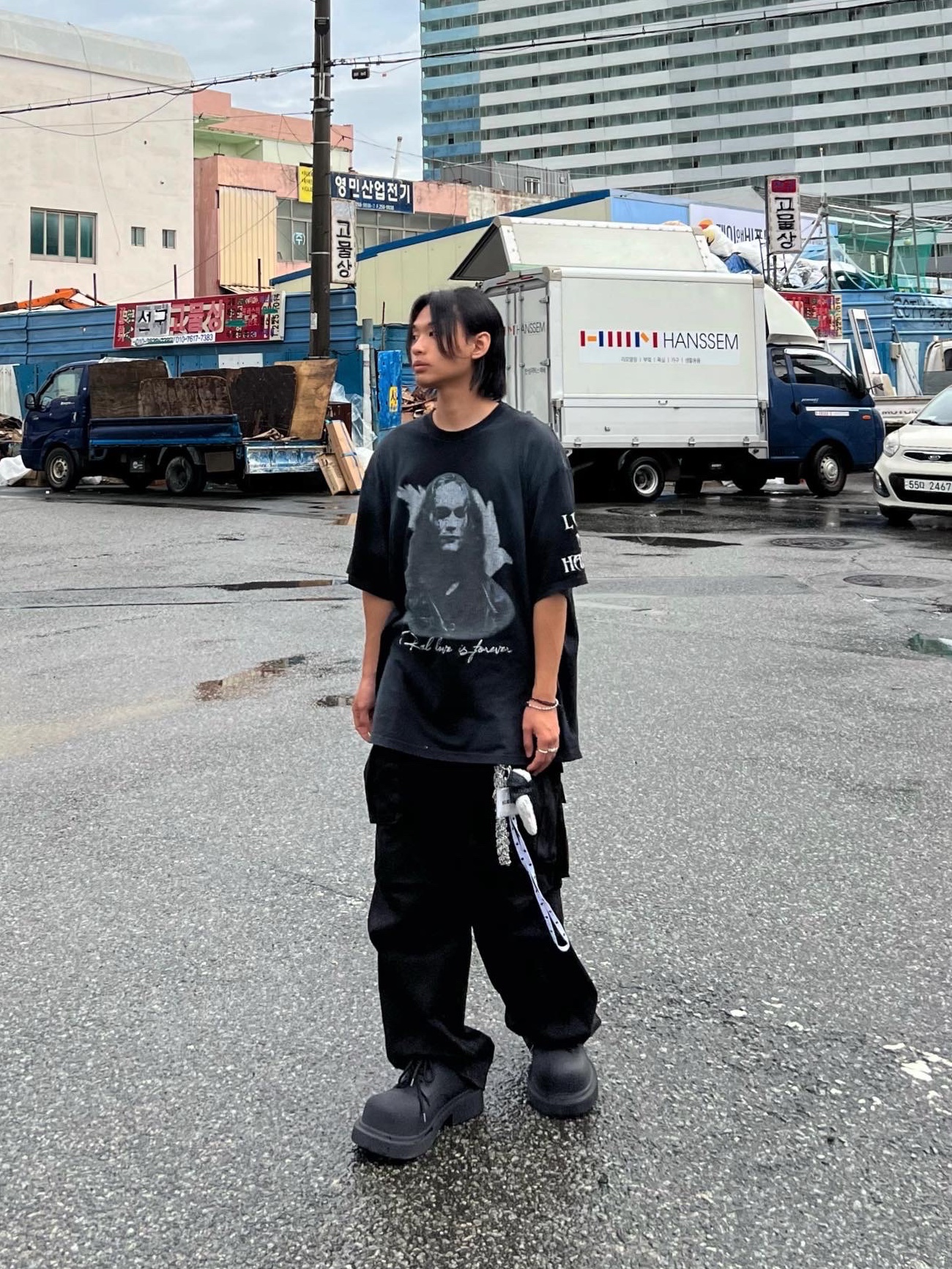 Project G/R Crow Worldtour T-Shirt Washed Black, Balenciaga Steroid Derby Black 착용 스타일 - 1