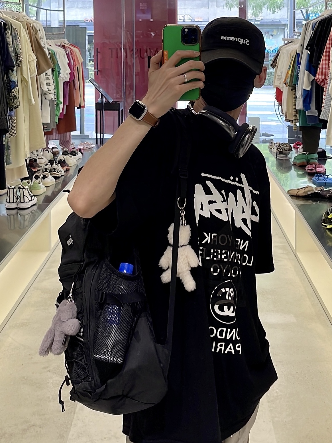 Asics Jog 100 T Black - 4E Extra Wide, Stussy DSM World Tour T-Shirt Black 착용 스타일 - 4