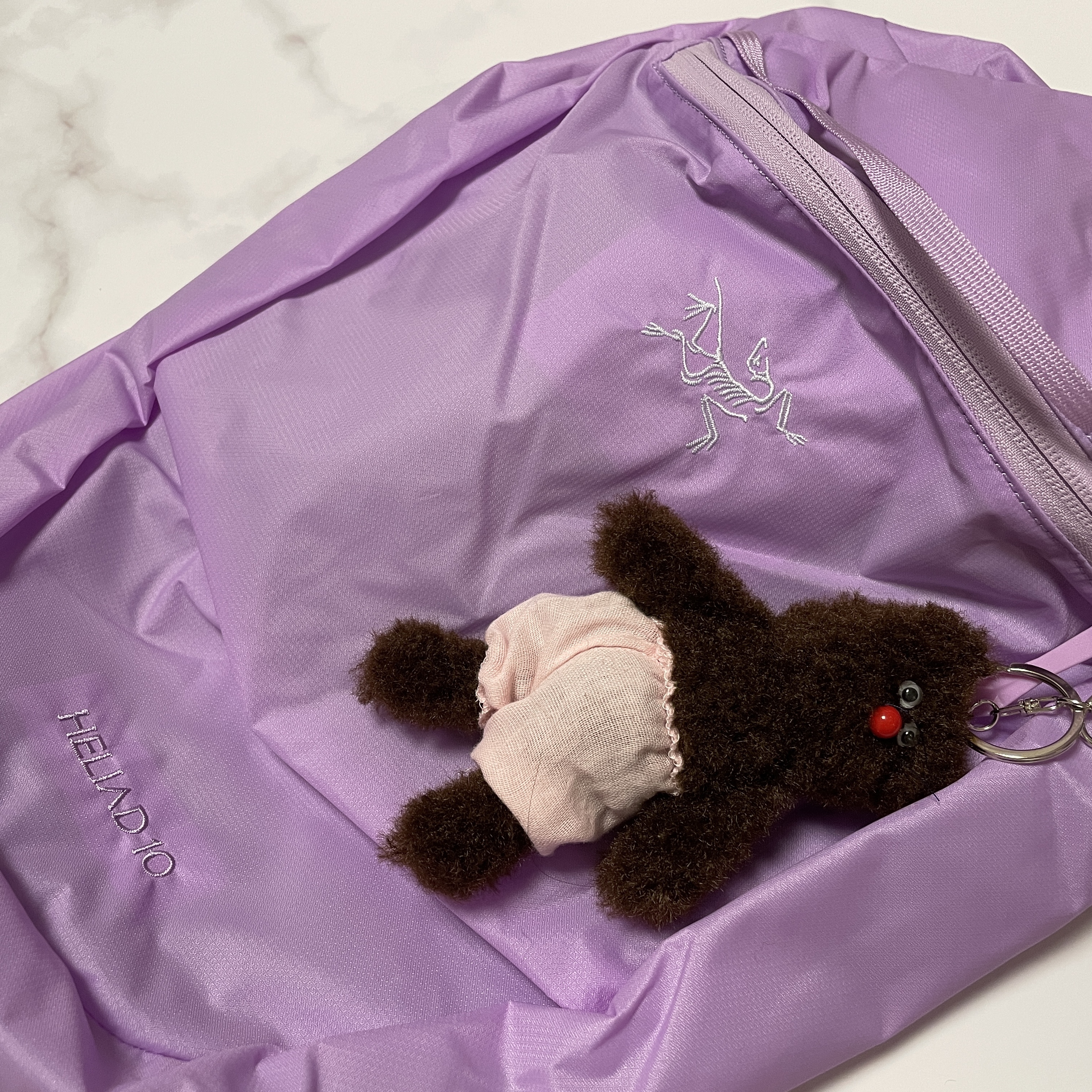 Arc'teryx Heliad 10 Backpack Storm Glow, Monamhee Bred Keyring with Pink Pants Brown 착용 스타일