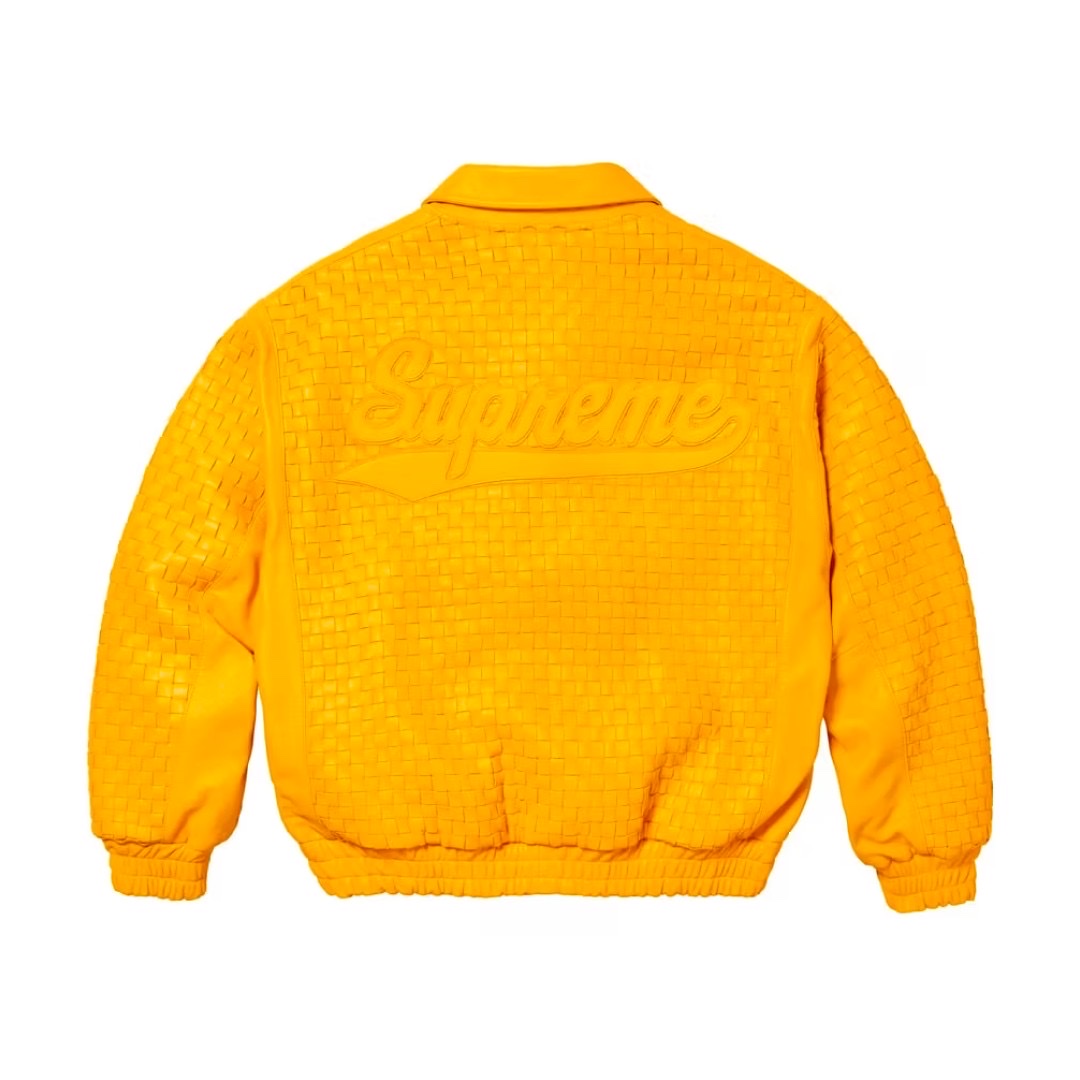 Supreme Championships Embroidered Football Jersey Gold - 23FW, Supreme Woven Leather Varsity Jacket Yellow - 23FW 착용 스타일 - 3