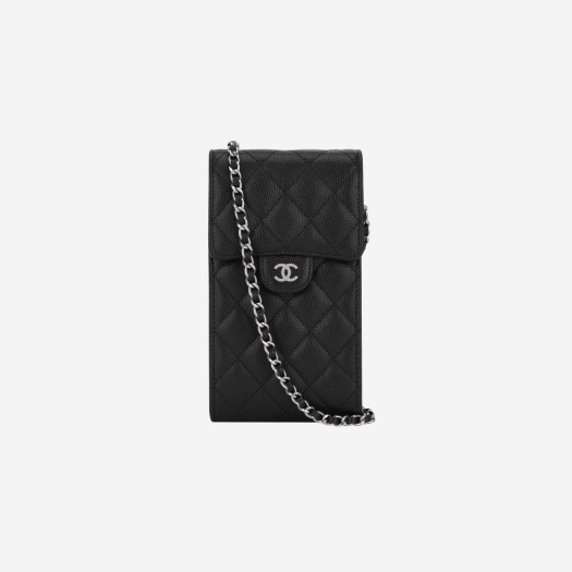 Chanel Phone Holder with Chain Grained Calfskin & Silver Black