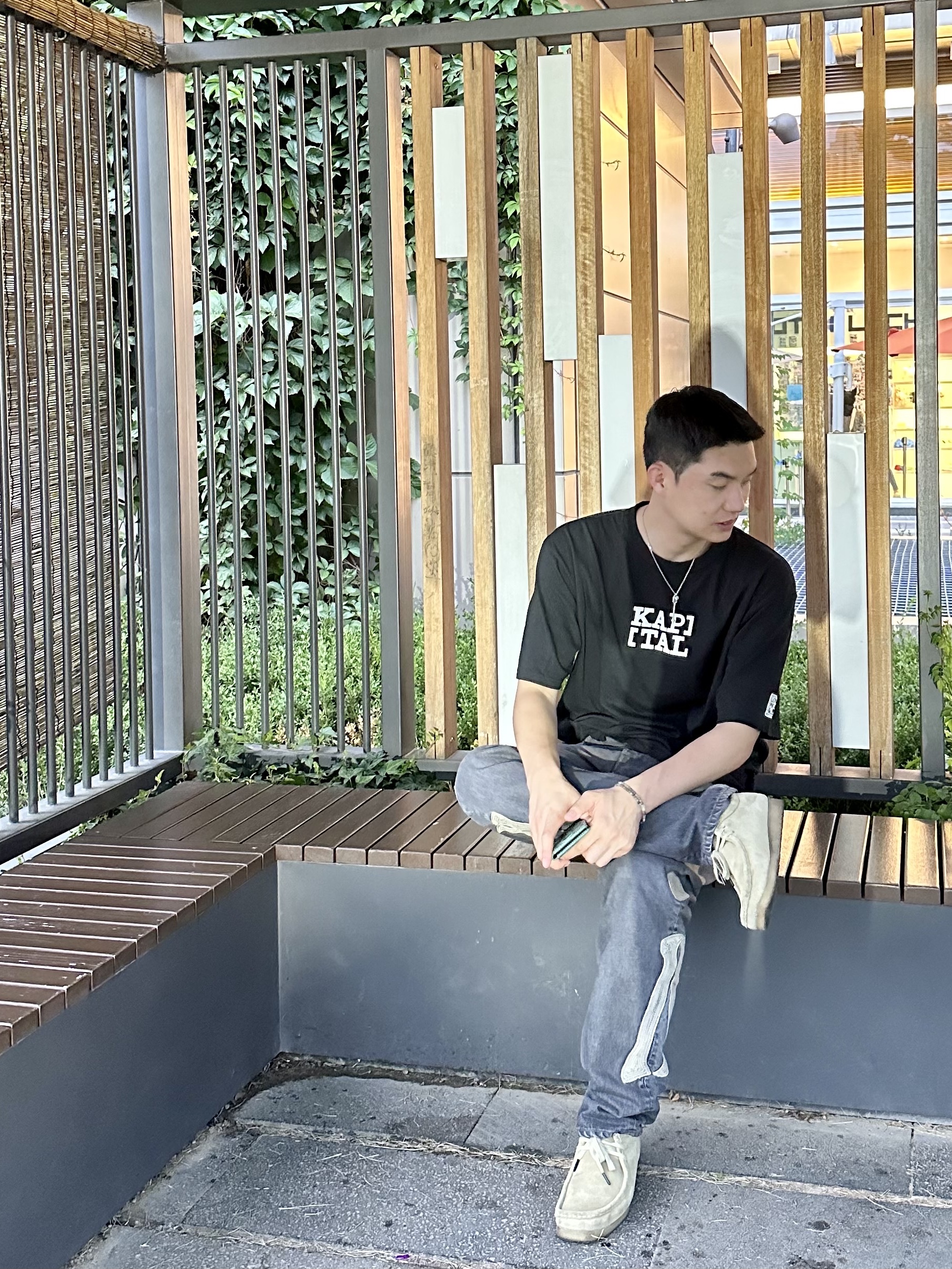 Kapital 14 oz. Denim Mexican Tuxedo 5P Okagilly Pants Black, Kapital Rookie Crewneck T-Shirt Black 착용 스타일 - 2