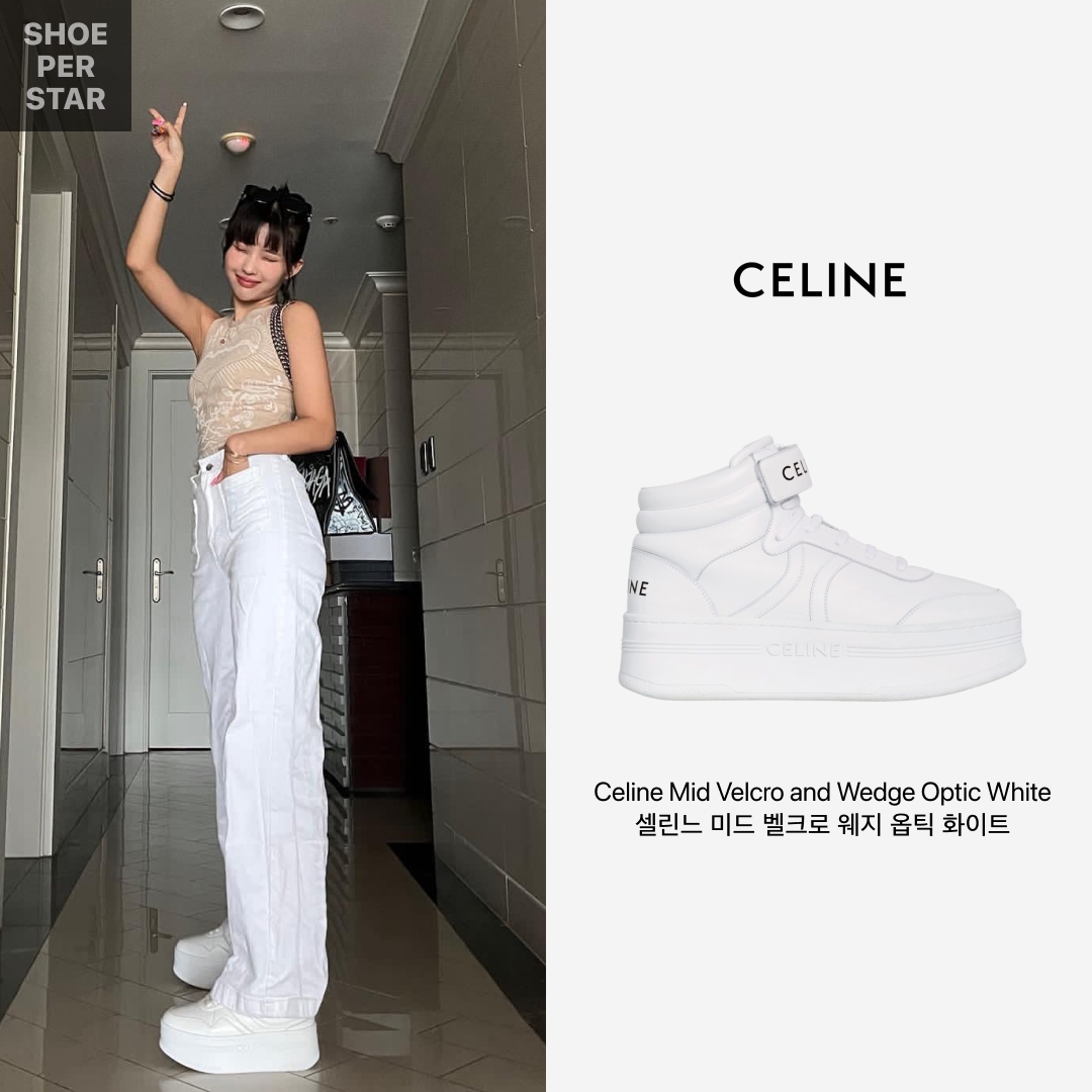 (W) Celine Mid Block Sneakers with Velcro and Wedge in Calfskin Optic White 착용 스타일 - 1