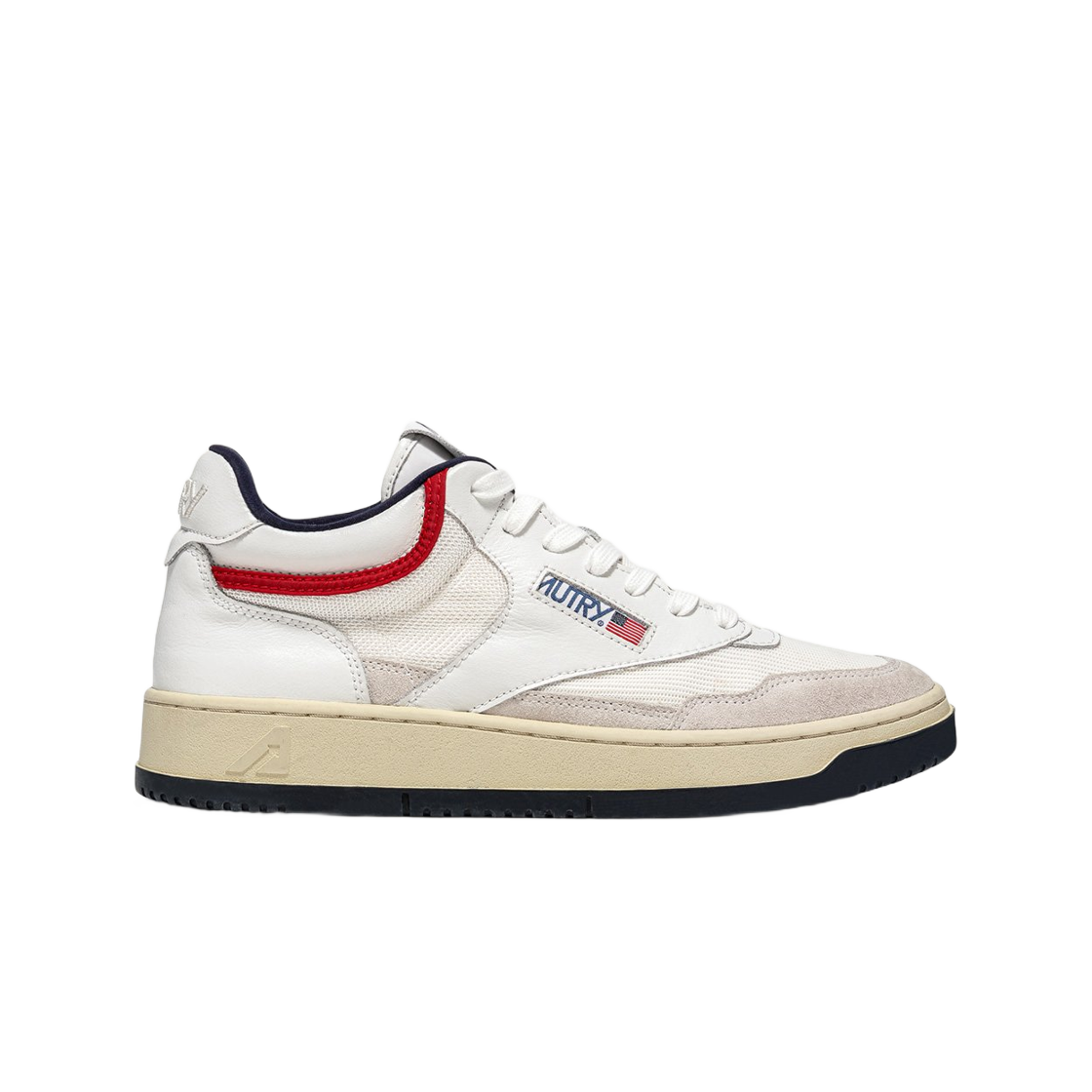 AOMM-CE05 Autry Open Mid Leather Mesh Sneakers White Red - 대표 이미지 #1