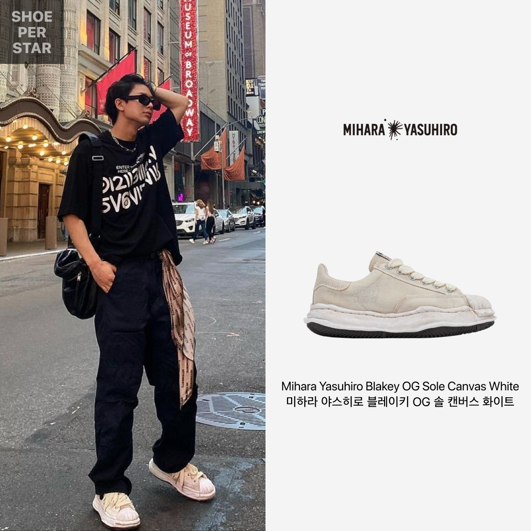 Maison Mihara Yasuhiro Blakey OG STC Sole OD Canvas Low-top Sneakers White 착용 스타일 - 1