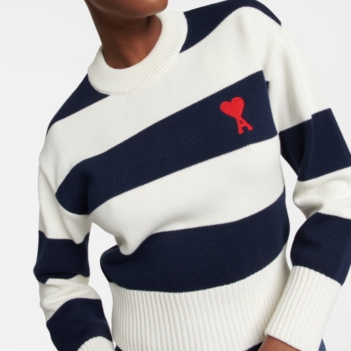 AMI de Coeur Sweater with Rugby Stripes Nautic Blue Natural White 착용 스타일
