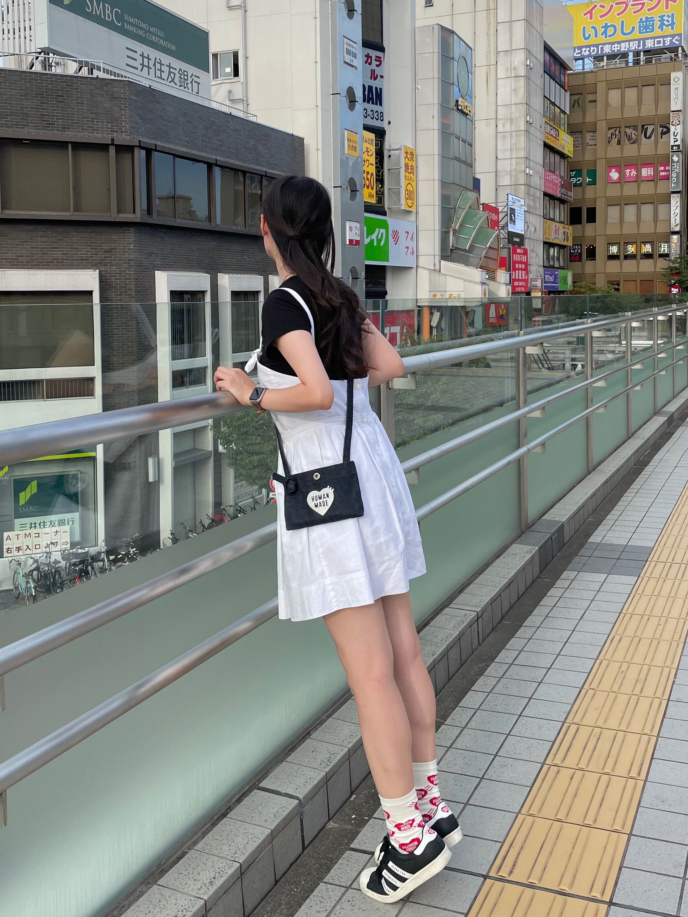 Human Made Denim Mini Shoulder Bag Indigo, Human Made Heart Pattern Socks Red 착용 스타일