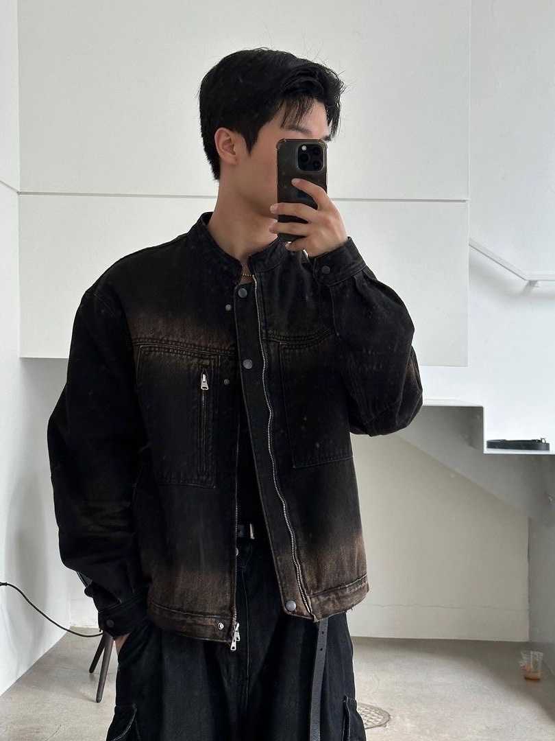 Haleine Sand Blushed Denim Biker Jacket Dark Brown Oil 착용 스타일