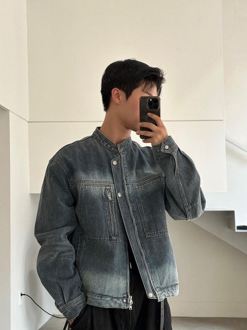 [KREAM 단독] Haleine Sand Blushed Denim Biker Jacket Ash Blue Oil 착용 스타일