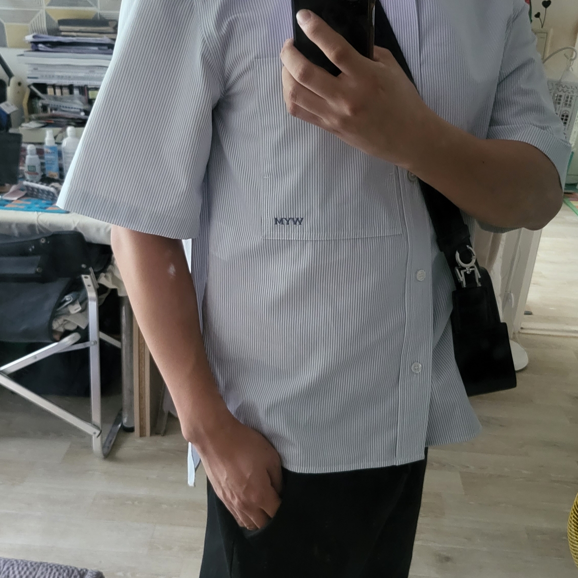 Wooyoungmi Stripe Embroidered Short Sleeve Shirt Blue - 23SS 착용 스타일 - 2
