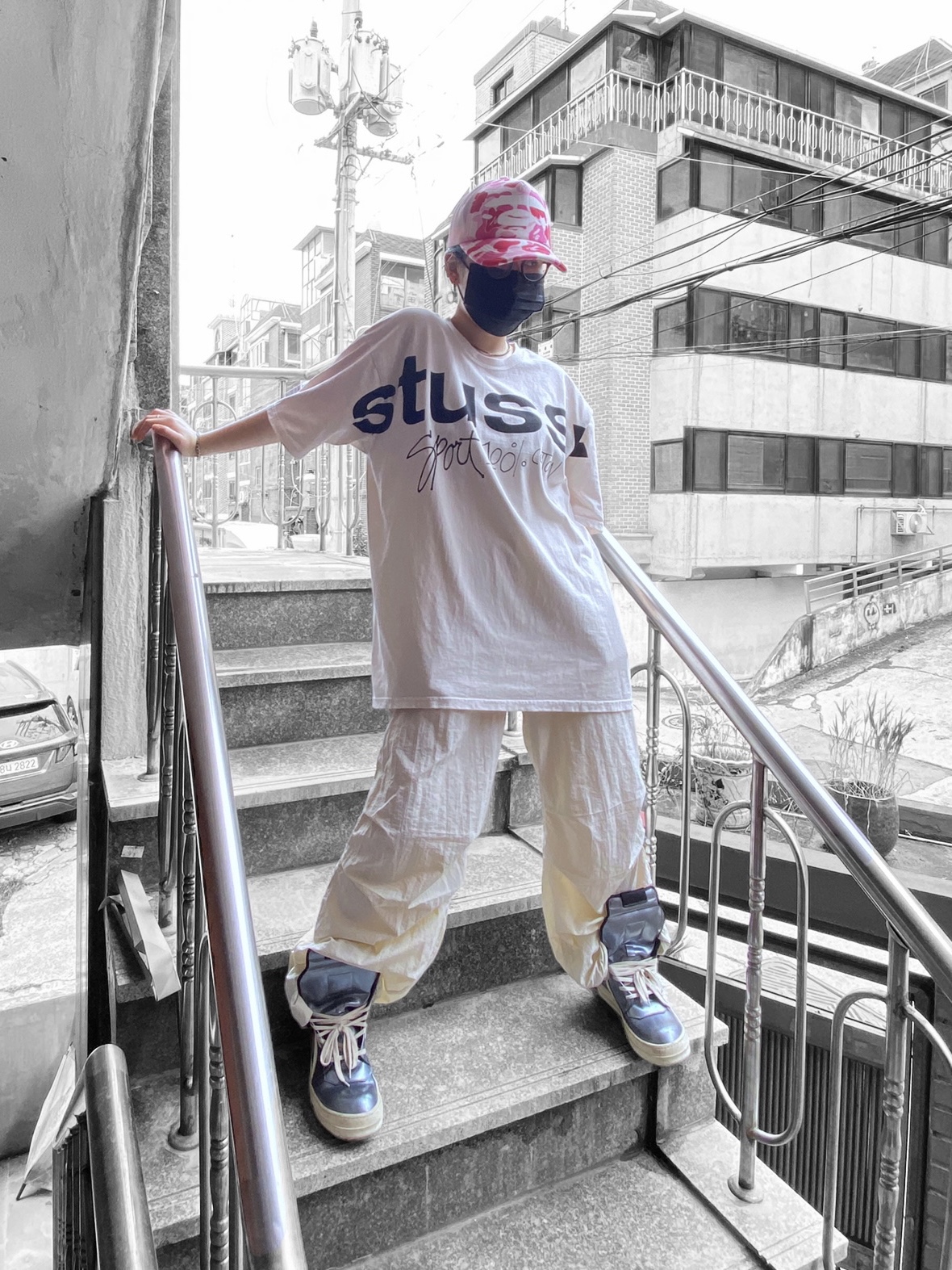 Rick Owens Geobasket Full Grain Calf Leather Strobe Sneakers Black Milk White, BAPE A Bathing Ape ABC Camo Ape Face Mesh Cap Green - 23SS 착용 스타일 - 4