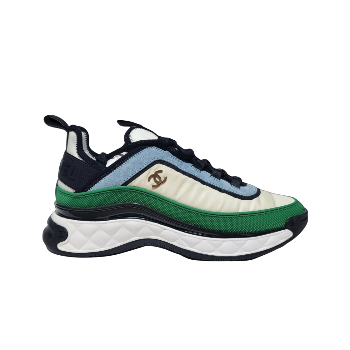 샤넬 믹스드 파이버 스니커즈 패브릭 스웨이드 카프스킨 & 아이보리 그린 라이트 블루