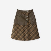 Yuse Women Leather Layered Check Midi Skirt Brown
