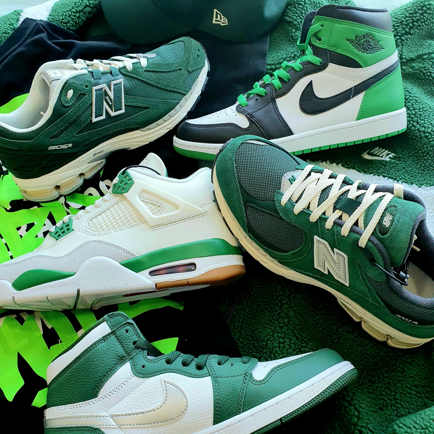Jordan 4 x Nike SB Retro SP Pine Green, Jordan 1 Retro High OG Black and Lucky Green 착용 스타일
