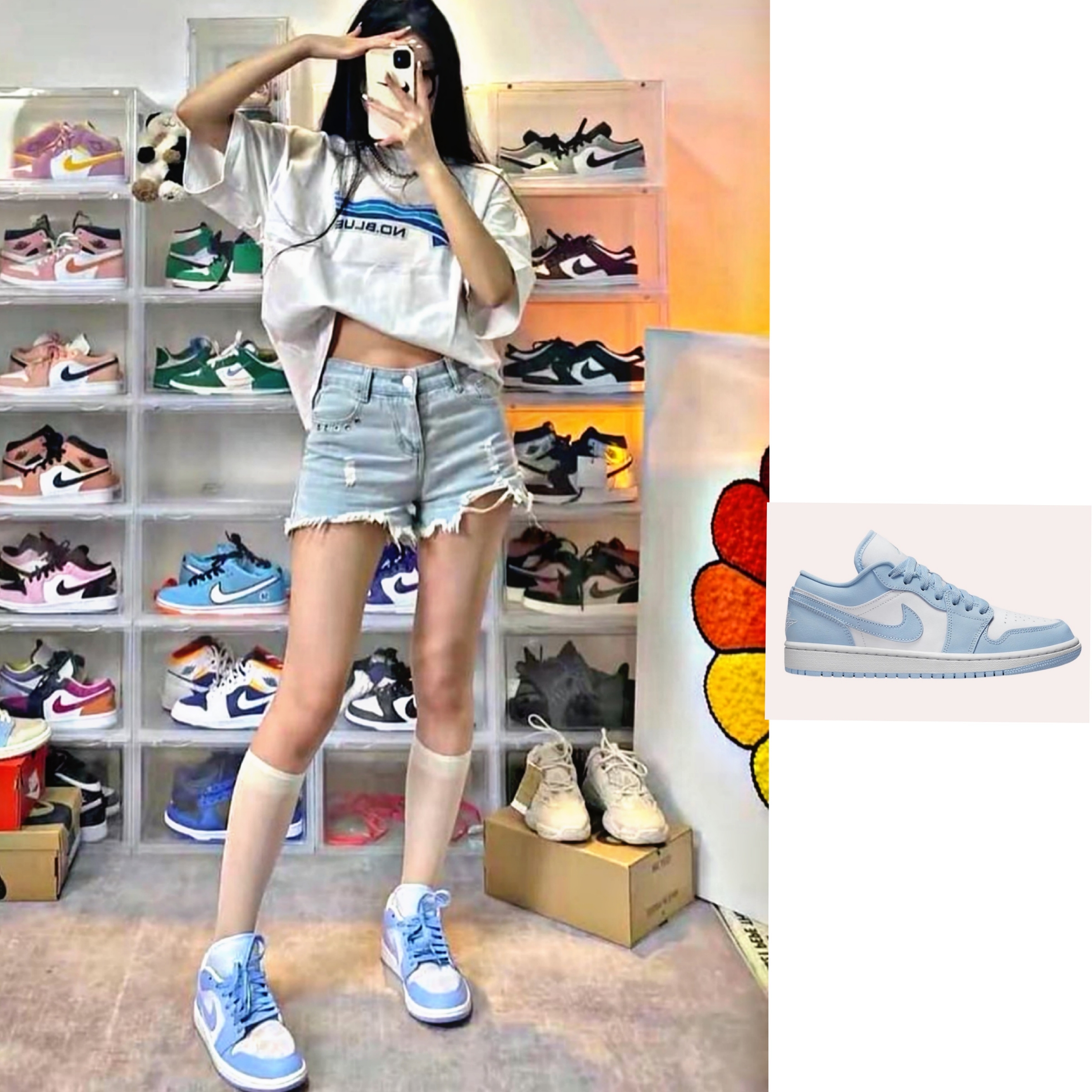 (W) Jordan 1 Low White Ice Blue 착용 스타일 - 1