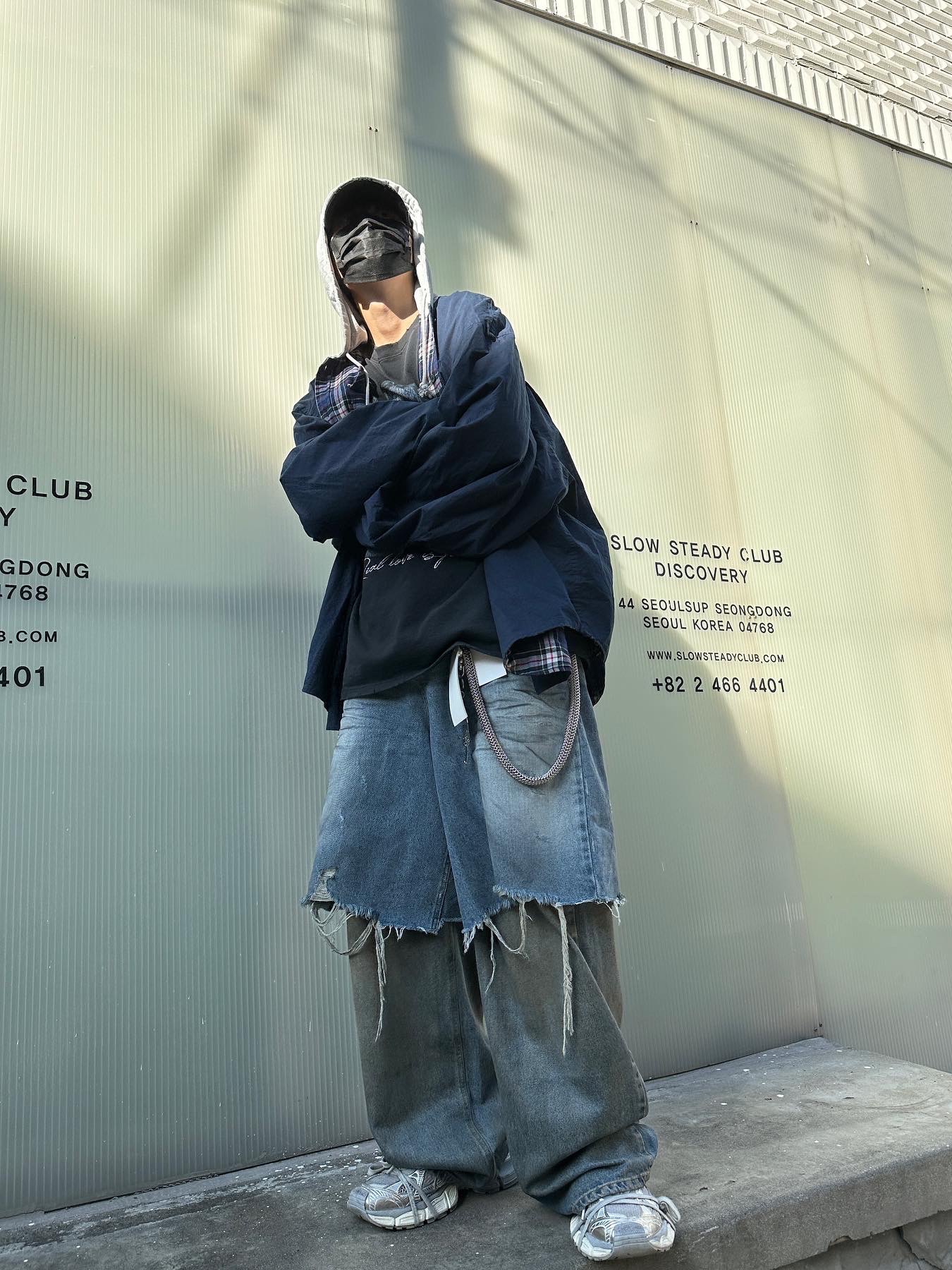Project G/R Reversible Hoodie Check Shirts Navy, Project G/R Reworked Bermuda Shorts Blue 착용 스타일